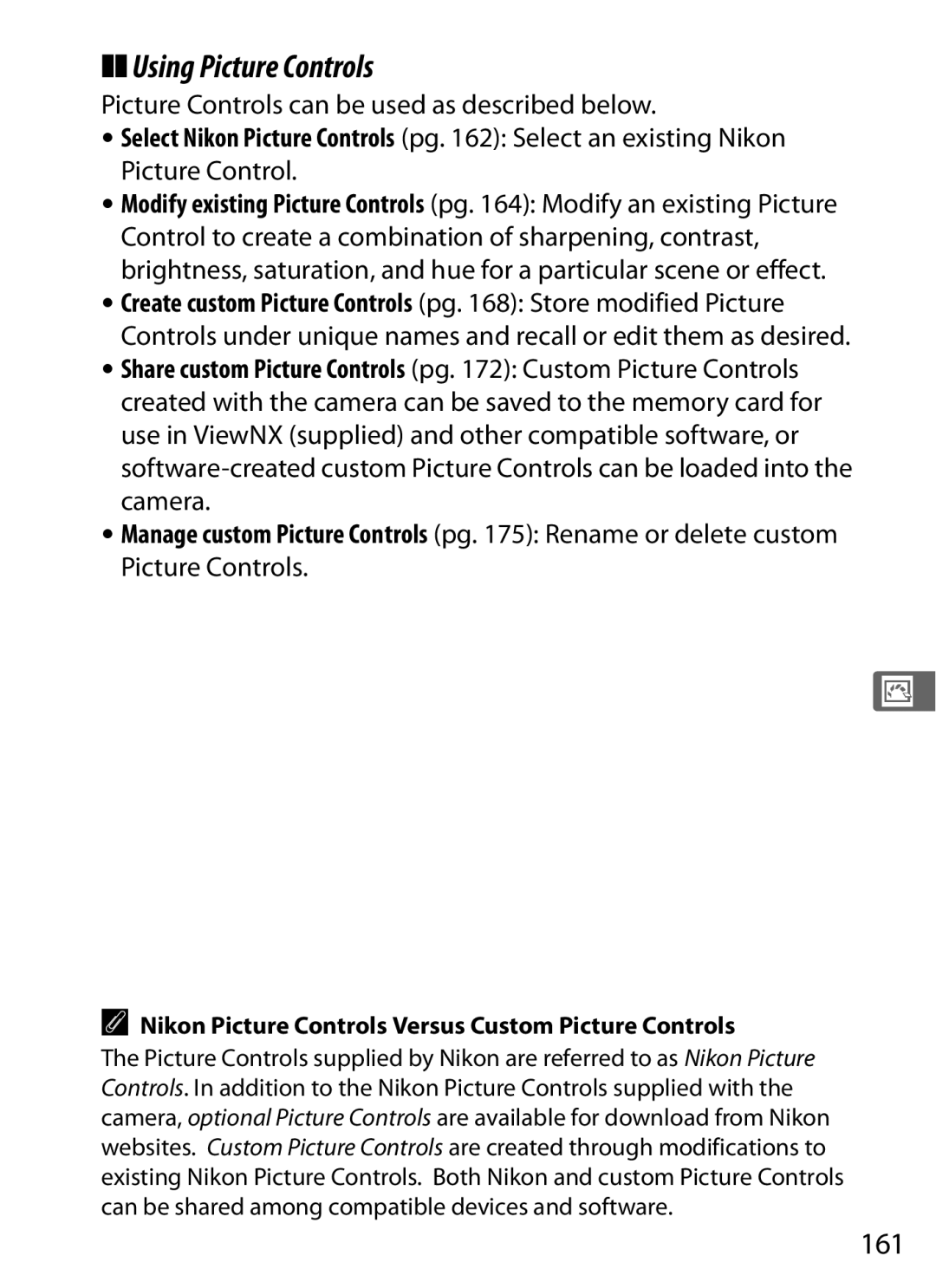 Nikon D700 manual Using Picture Controls, 161, Picture Controls can be used as described below 