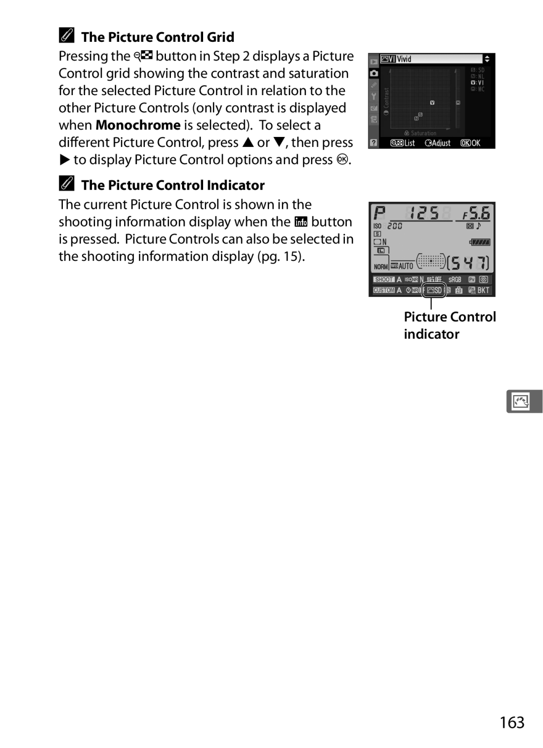 Nikon D700 manual 163, Picture Control Grid, Picture Control Indicator 