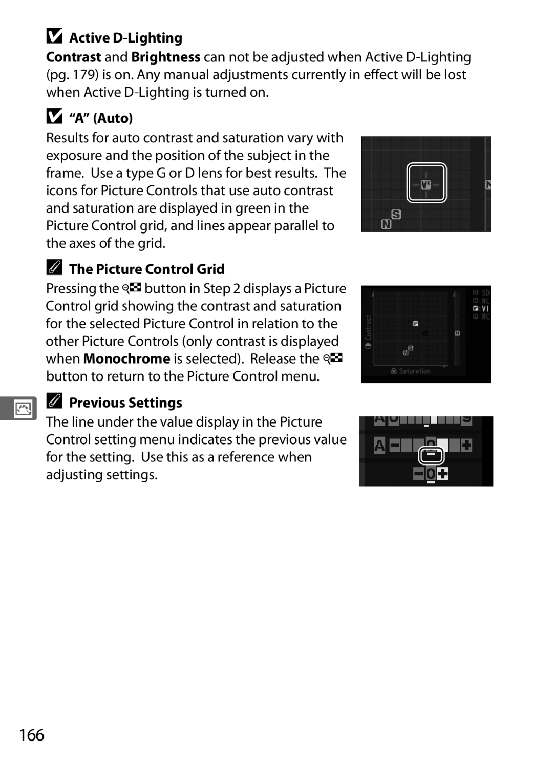 Nikon D700 manual 166, Button to return to the Picture Control menu, Previous Settings 