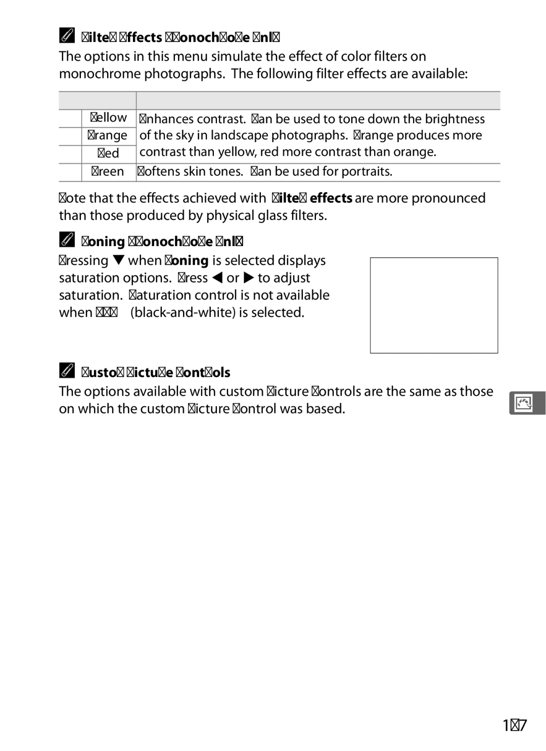 Nikon D700 manual 167, Filter Effects Monochrome Only, Toning Monochrome Only, Custom Picture Controls 