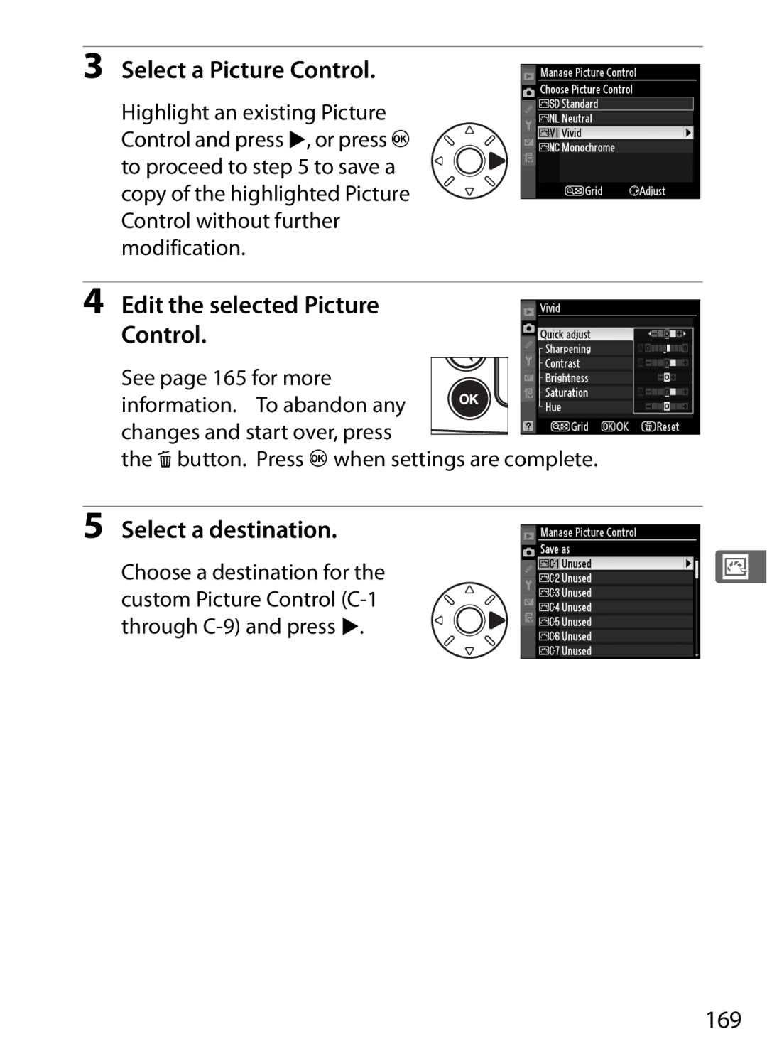 Nikon D700 manual Edit the selected Picture Control, 169 