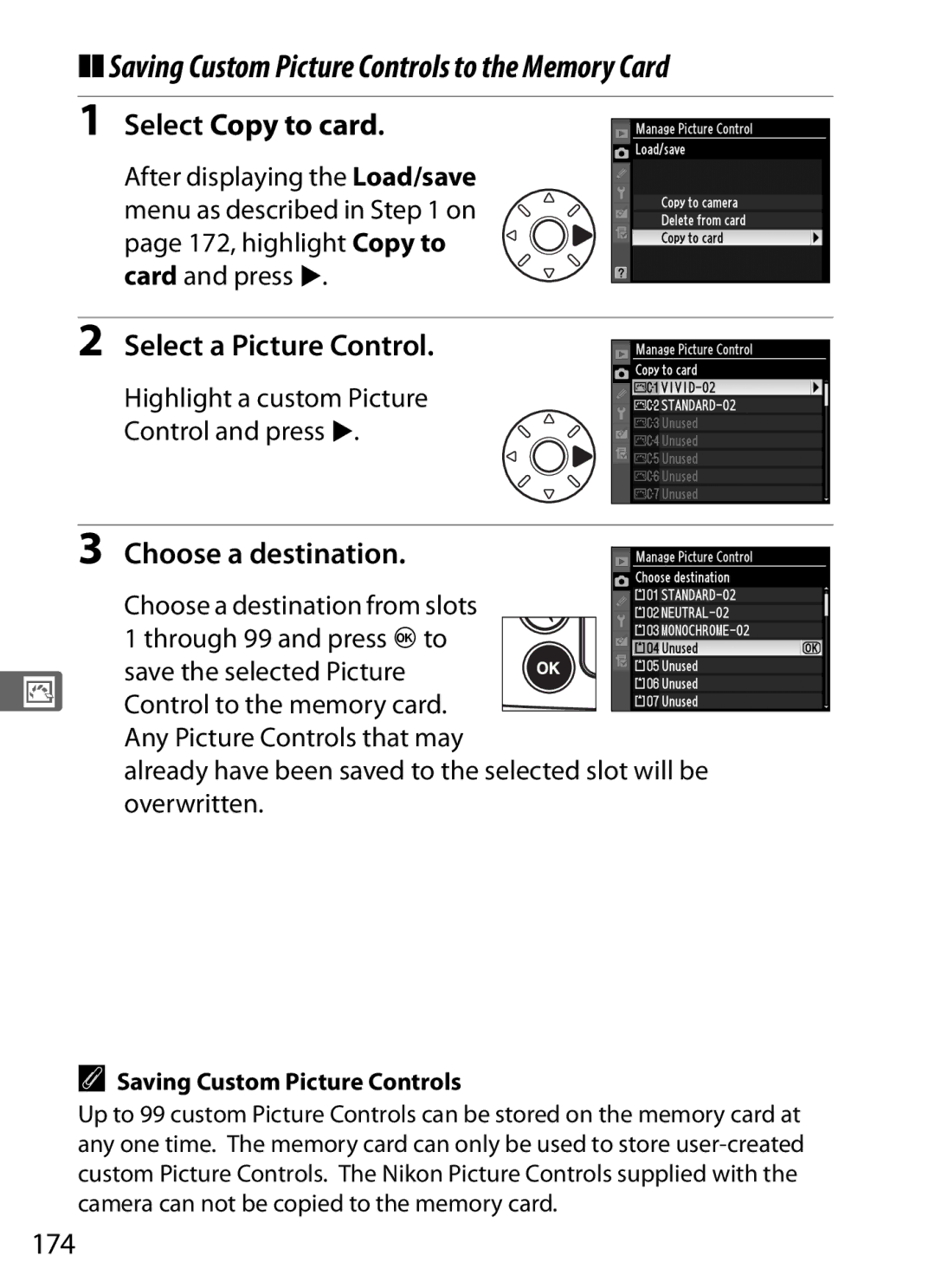 Nikon D700 manual Saving Custom Picture Controls to the Memory Card, Select Copy to card, Choose a destination, 174 