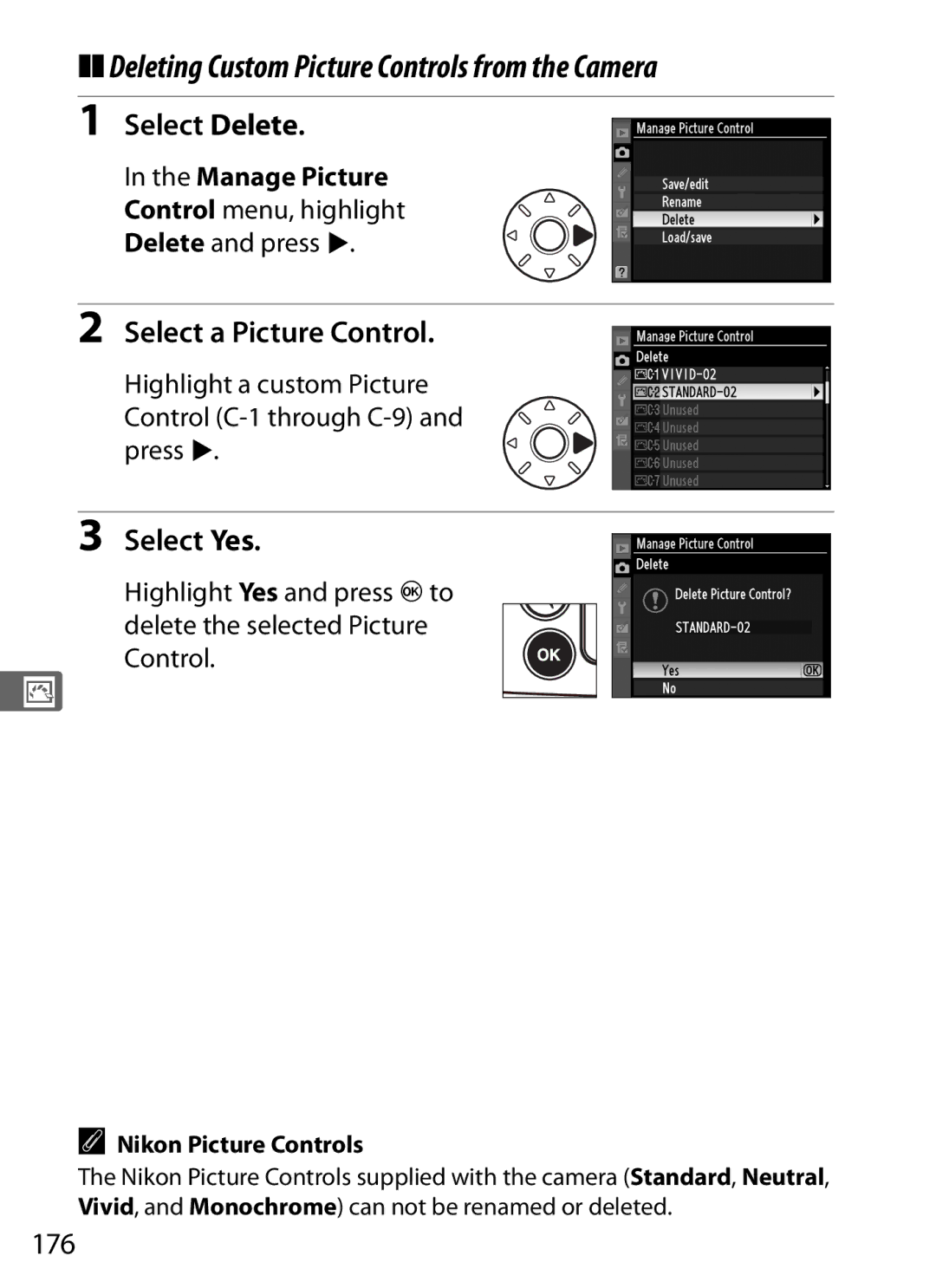 Nikon D700 manual Deleting Custom Picture Controls from the Camera, Select Delete, Select Yes, 176 