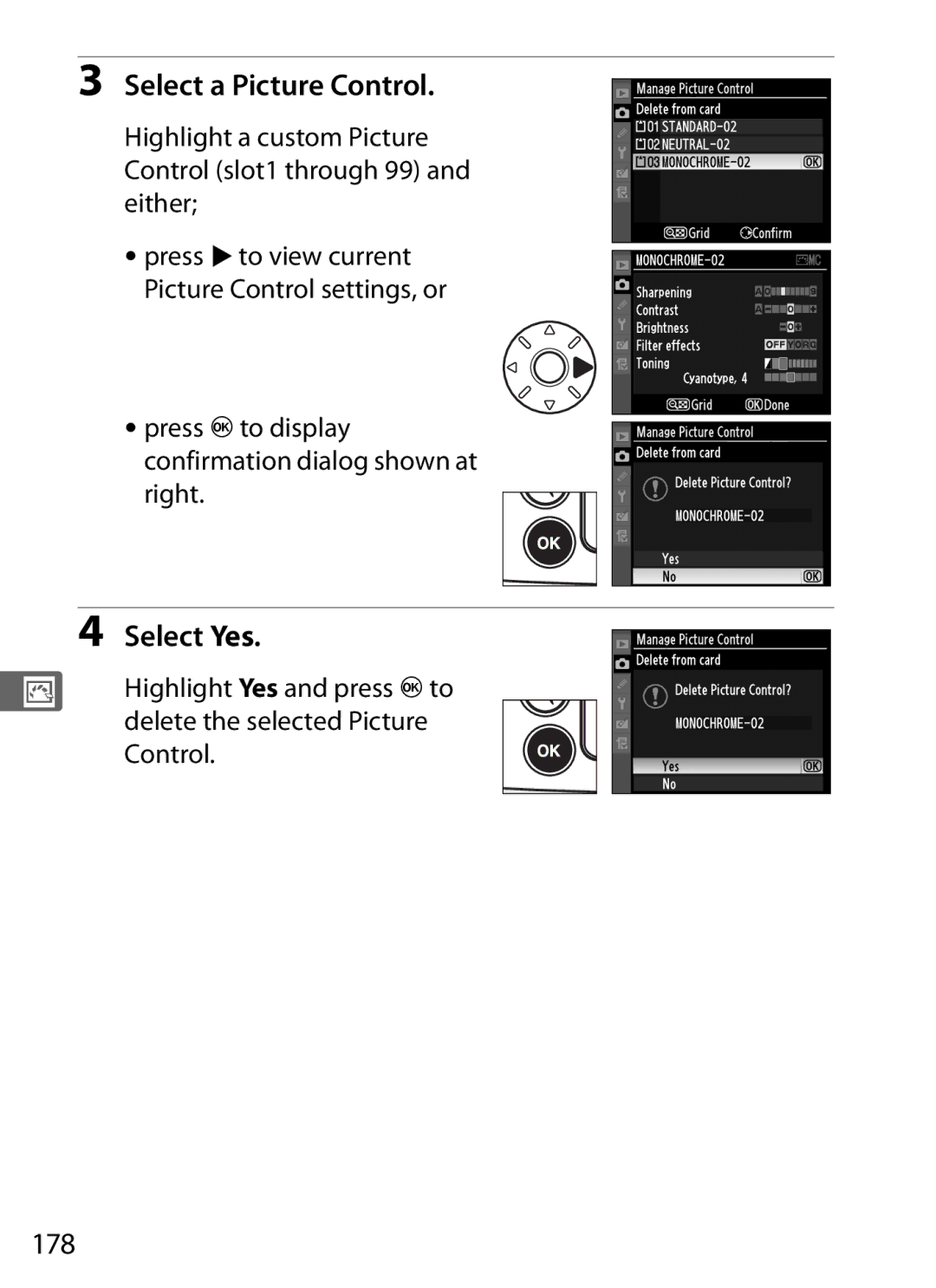 Nikon D700 manual 178, Press Jto display confirmation dialog shown at right, Highlight Yes and press Jto, Control 