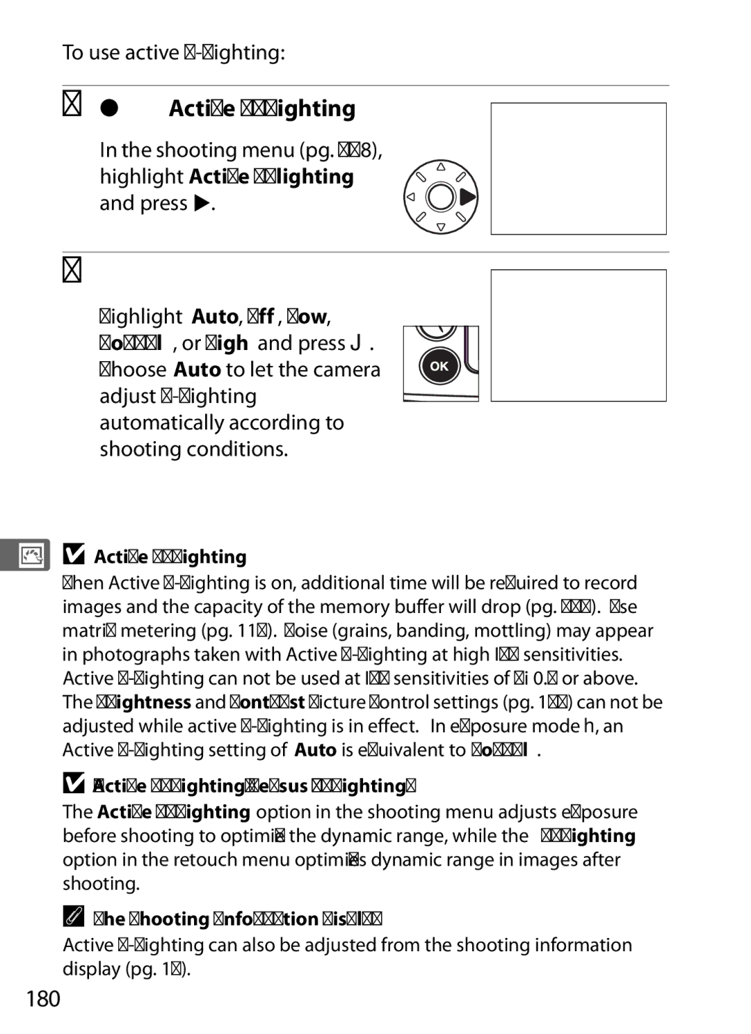 Nikon D700 manual Select Active D-Lighting, 180, To use active D-Lighting, Shooting menu pg , highlight Active D-lighting 