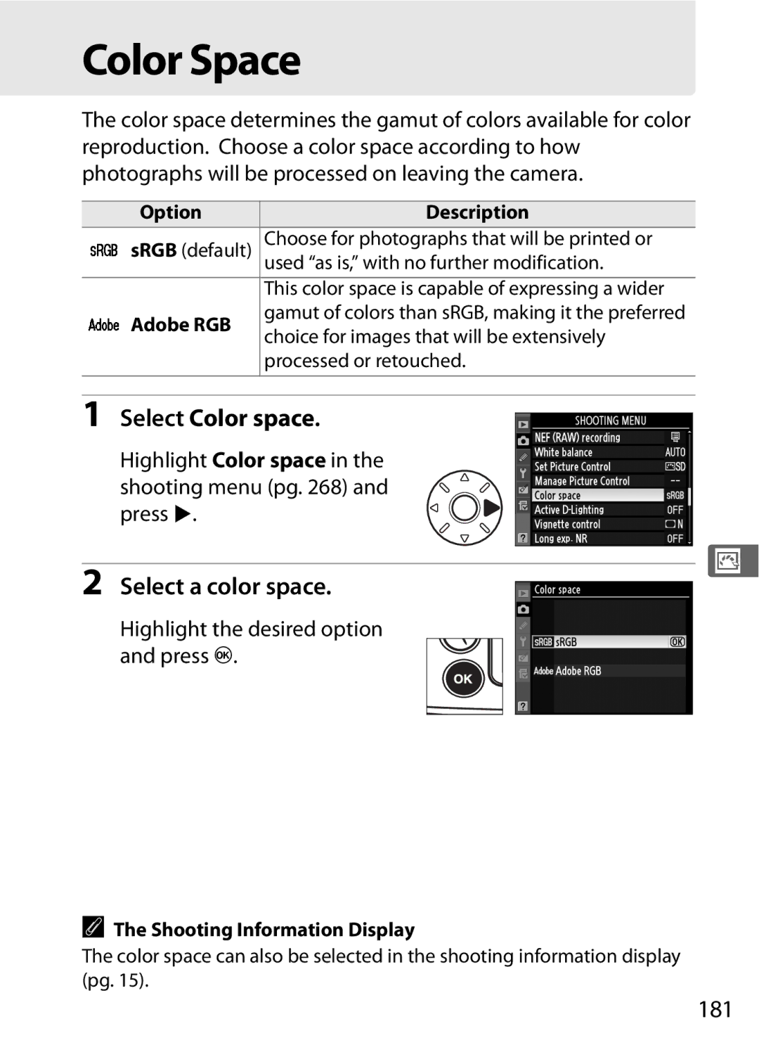 Nikon D700 manual Color Space, Select Color space, Select a color space, 181 