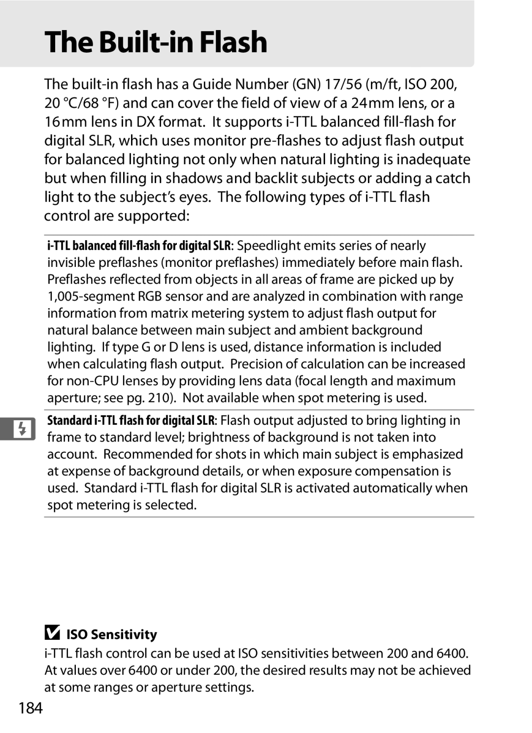 Nikon D700 manual Built-in Flash, 184, ISO Sensitivity 