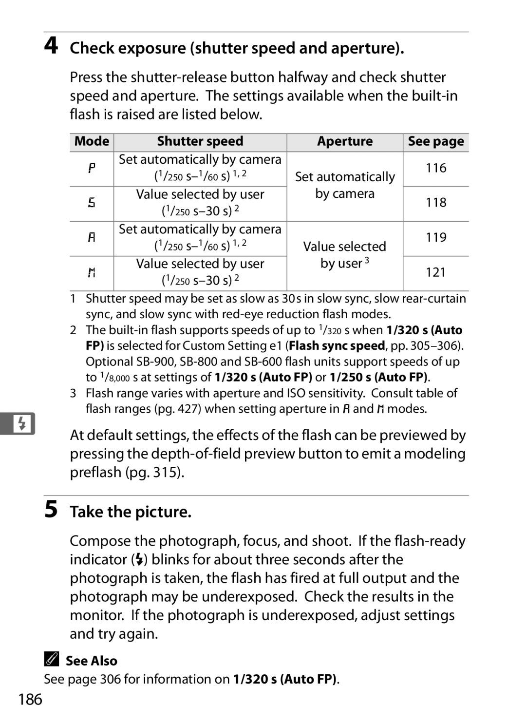 Nikon D700 manual Check exposure shutter speed and aperture, 186, By camera, By user 