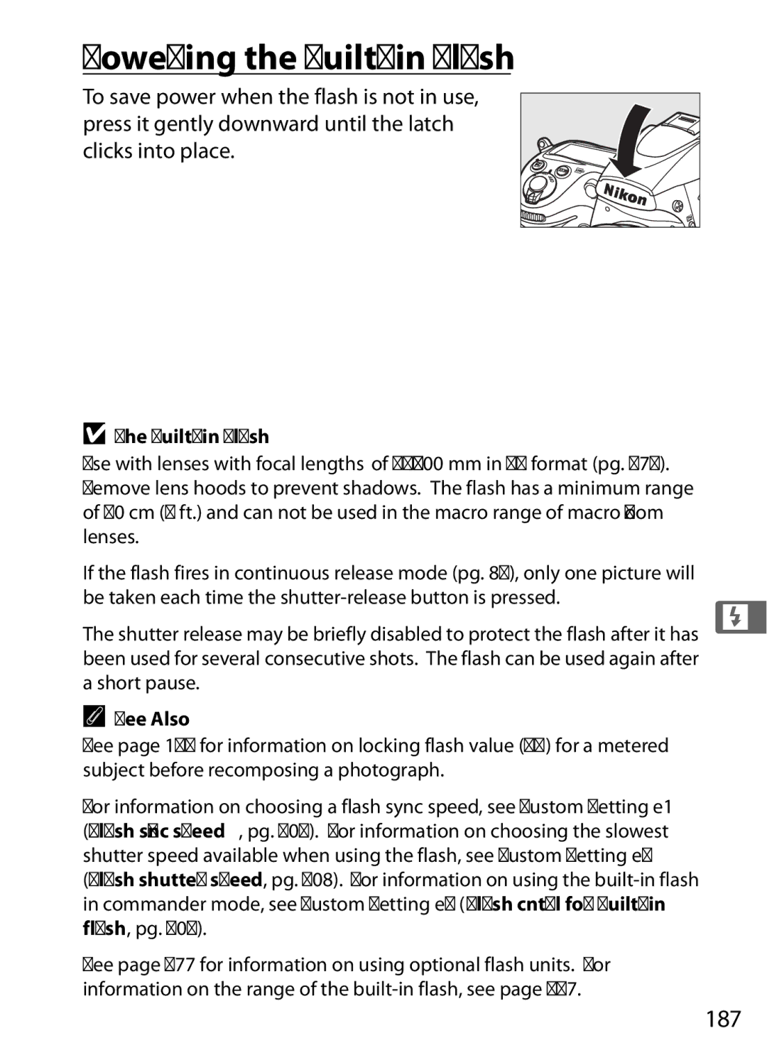 Nikon D700 manual Lowering the Built-in Flash, 187 