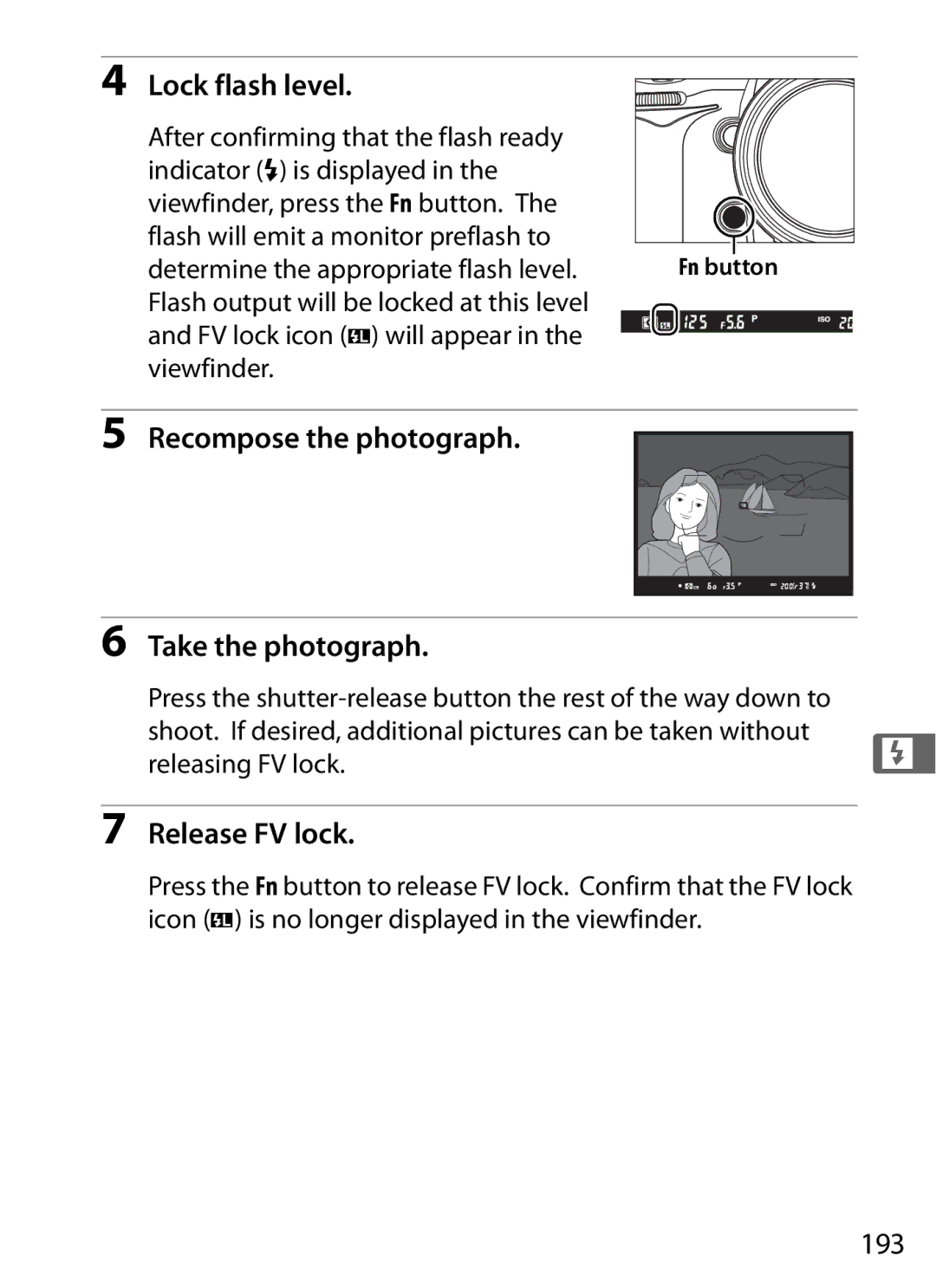 Nikon D700 manual Lock flash level, Recompose the photograph Take the photograph, Release FV lock, 193 