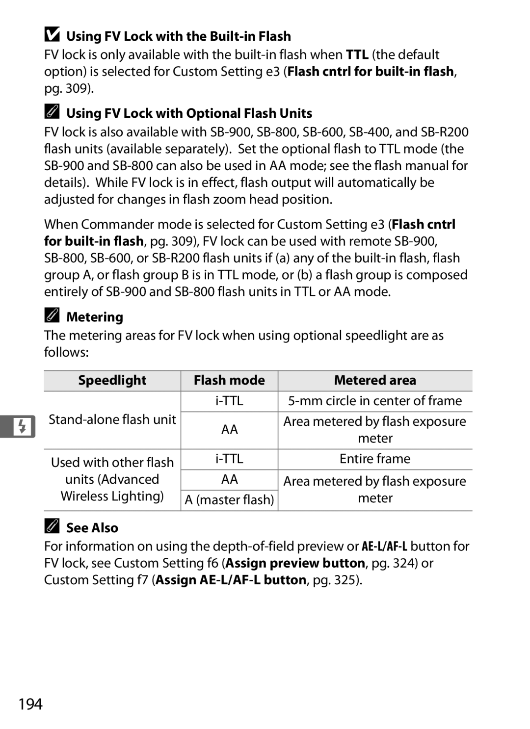 Nikon D700 manual 194, Using FV Lock with the Built-in Flash, Using FV Lock with Optional Flash Units, Metering 