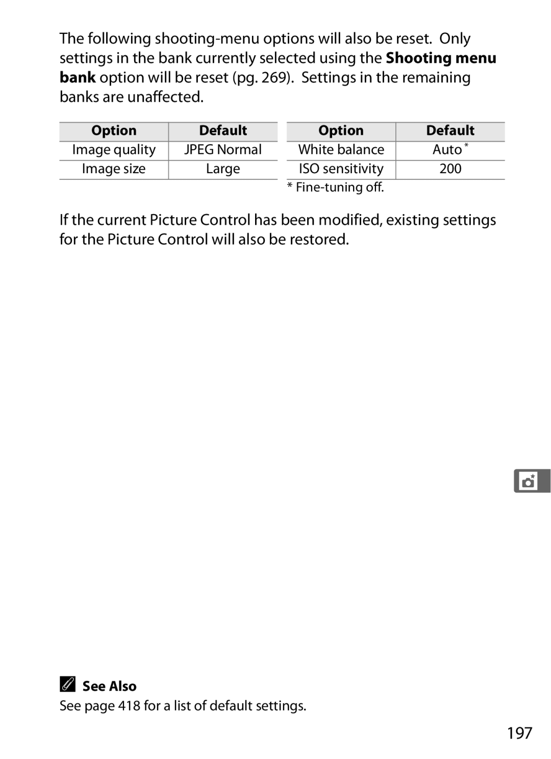 Nikon D700 manual 197, See page 418 for a list of default settings 