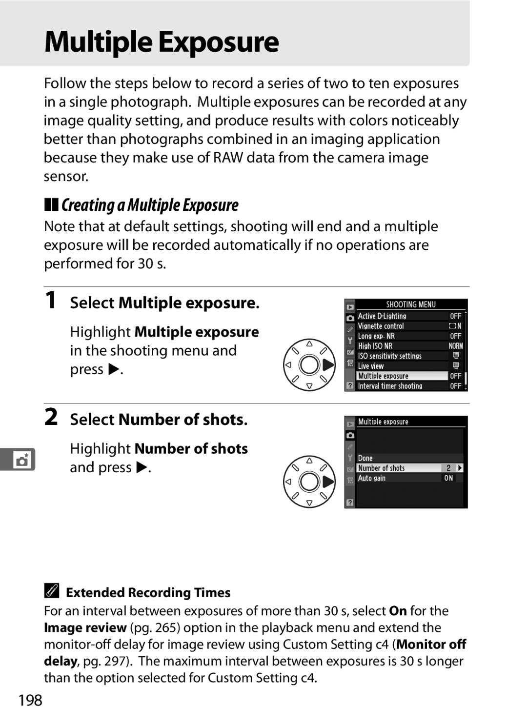 Nikon D700 manual Creating a Multiple Exposure, Select Multiple exposure, Select Number of shots, 198 