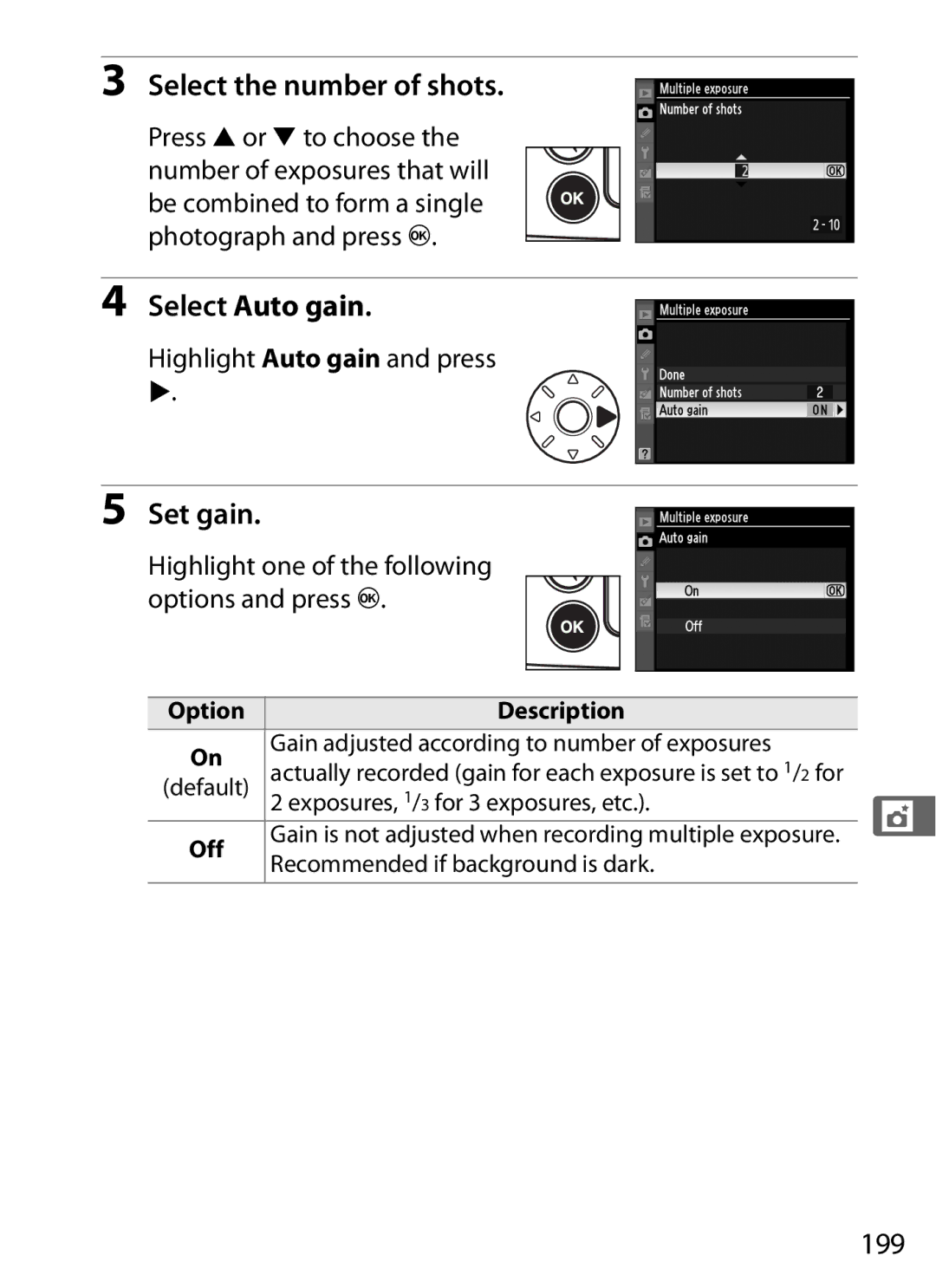 Nikon D700 manual Select the number of shots, Select Auto gain, Set gain, 199 