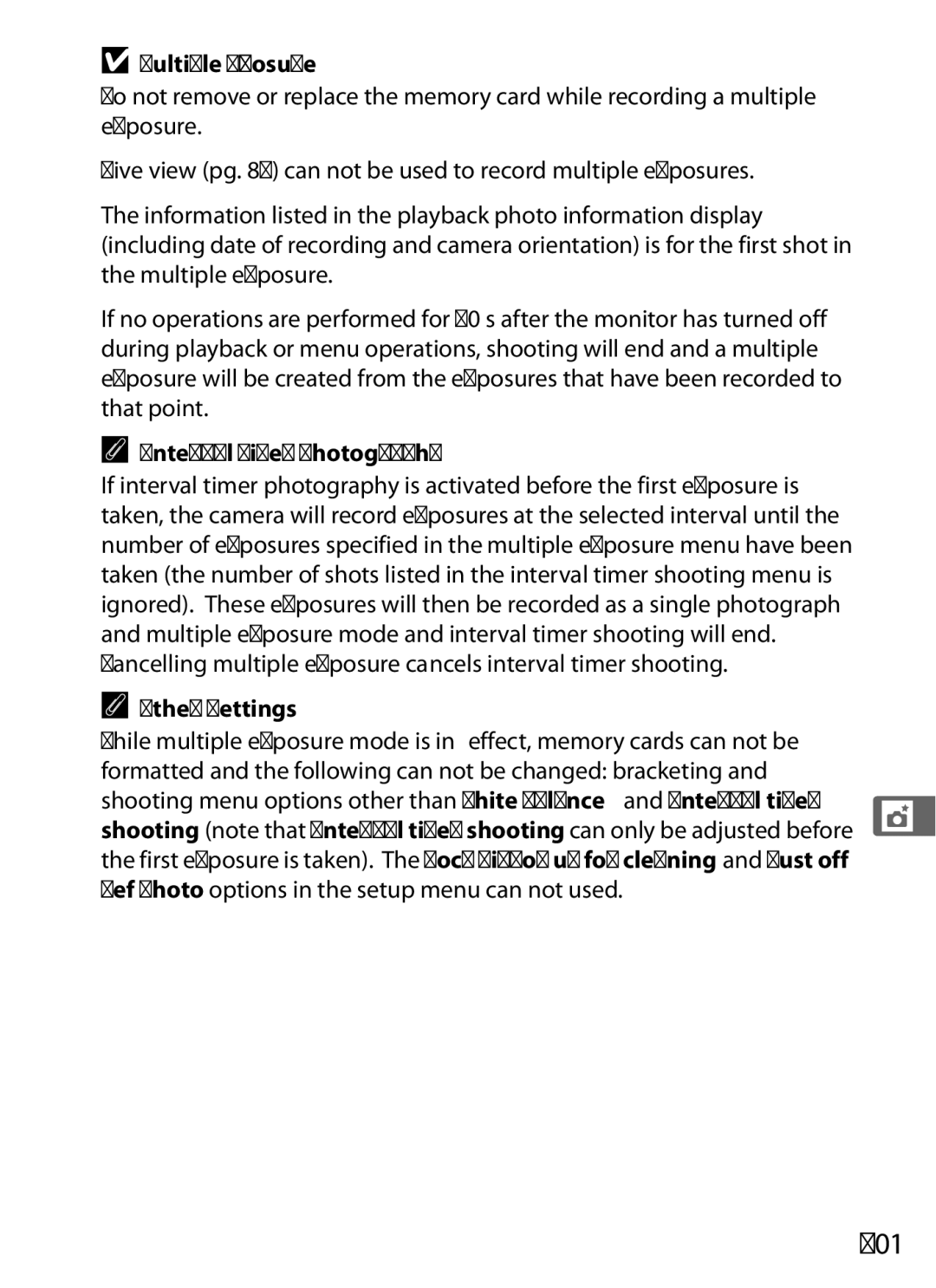 Nikon D700 manual 201, Multiple Exposure, Other Settings, Ref photo options in the setup menu can not used 