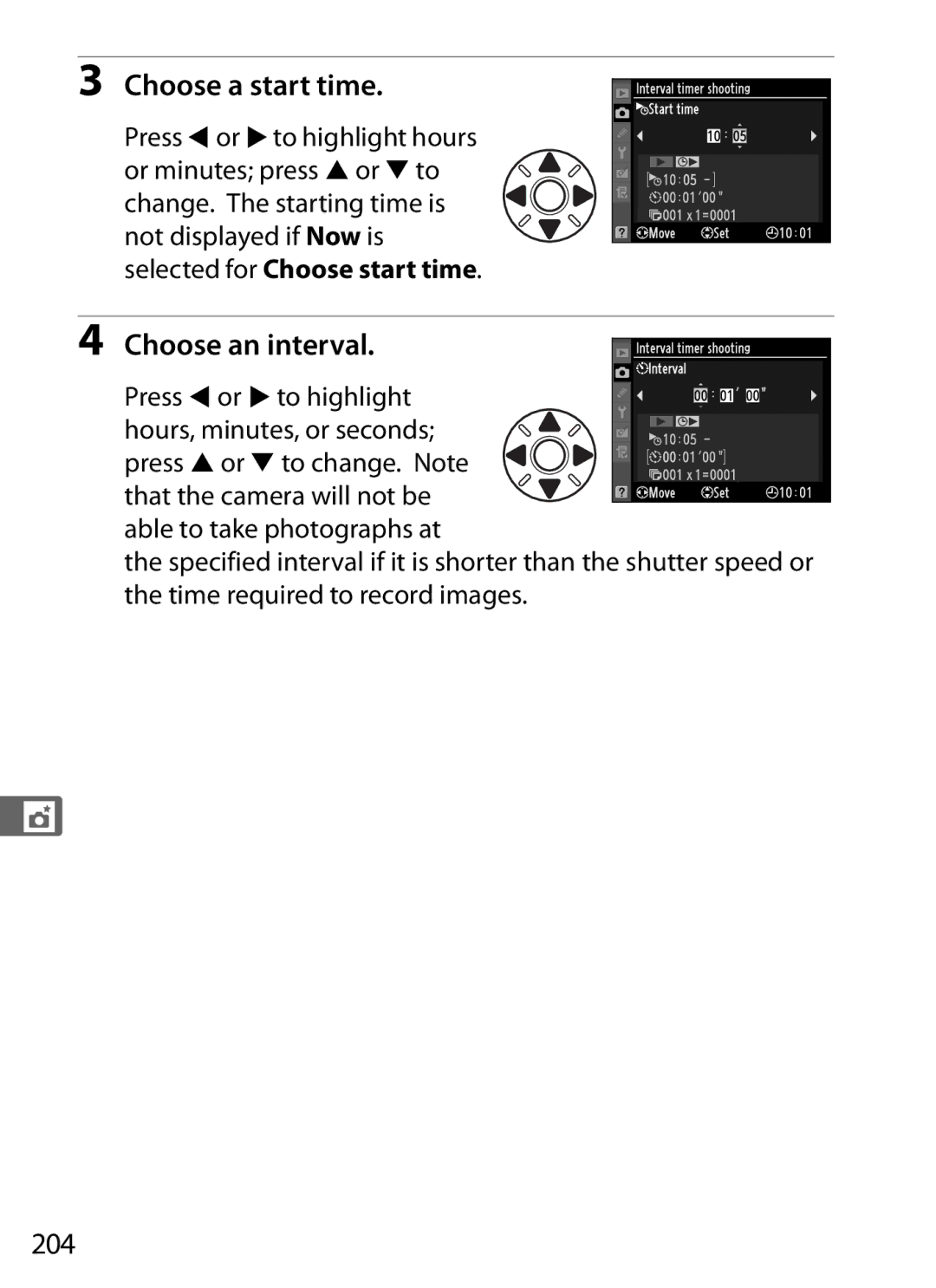 Nikon D700 manual Choose a start time, Choose an interval, 204, Not displayed if Now is selected for Choose start time 