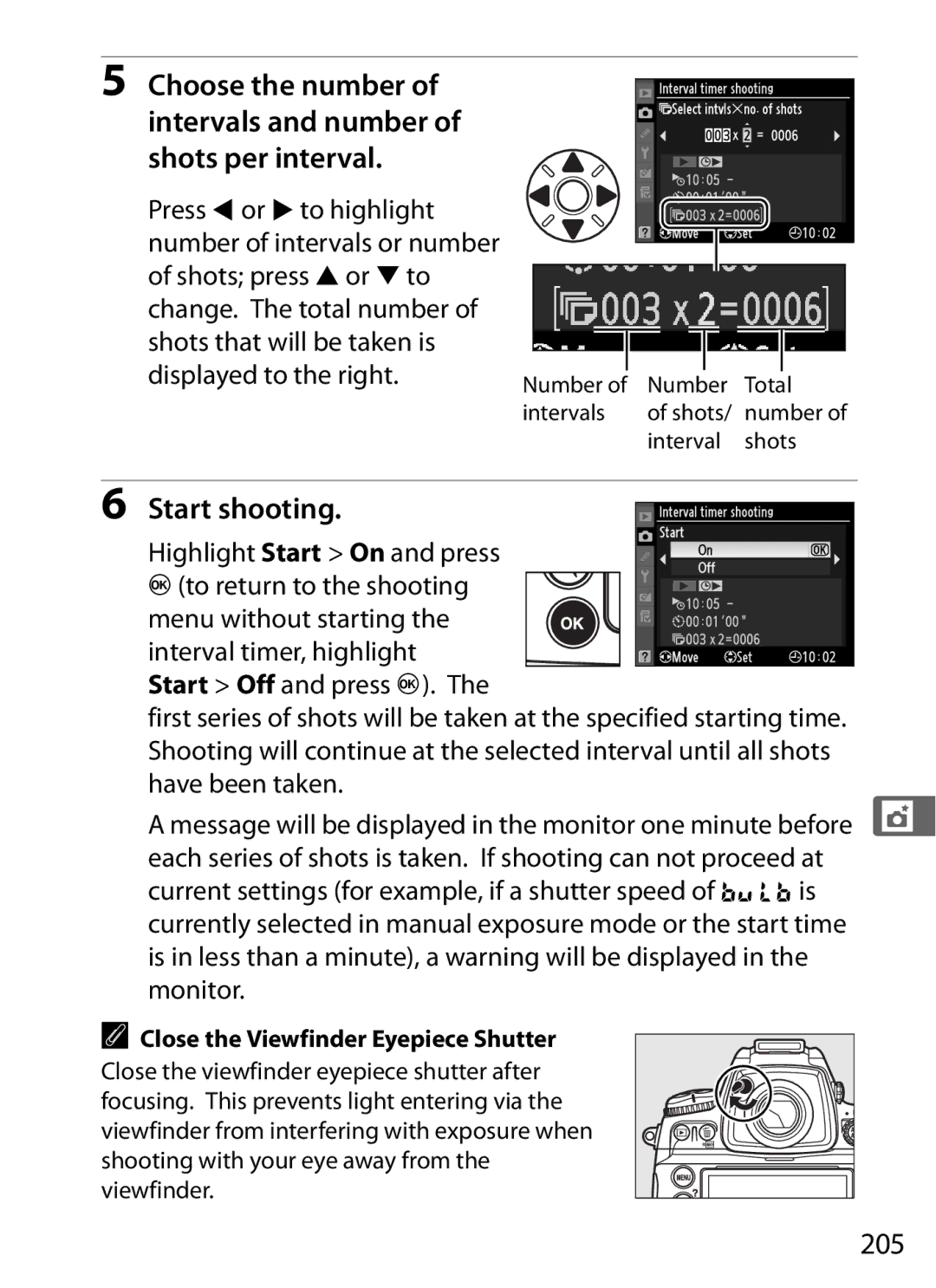 Nikon D700 manual Shots per interval, Start shooting, 205, Close the Viewfinder Eyepiece Shutter 