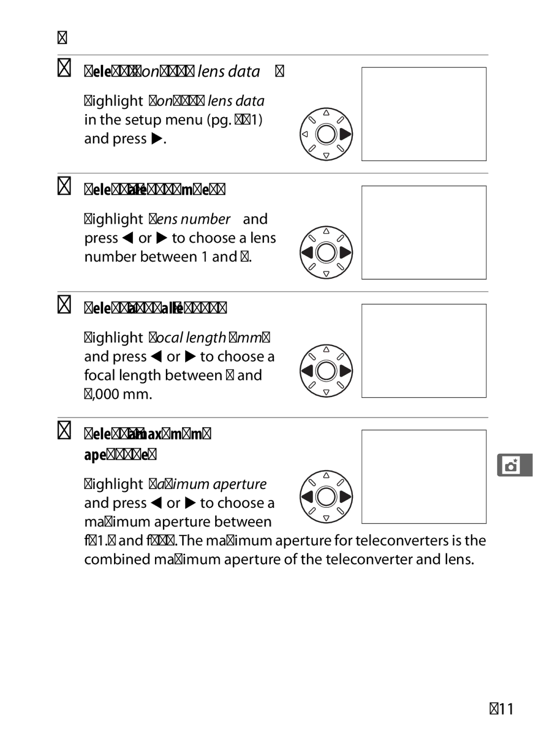 Nikon D700 manual Non-CPU Lens Data Menu, Select Non-CPU lens data, Select a lens number, Select a focal length, 211 