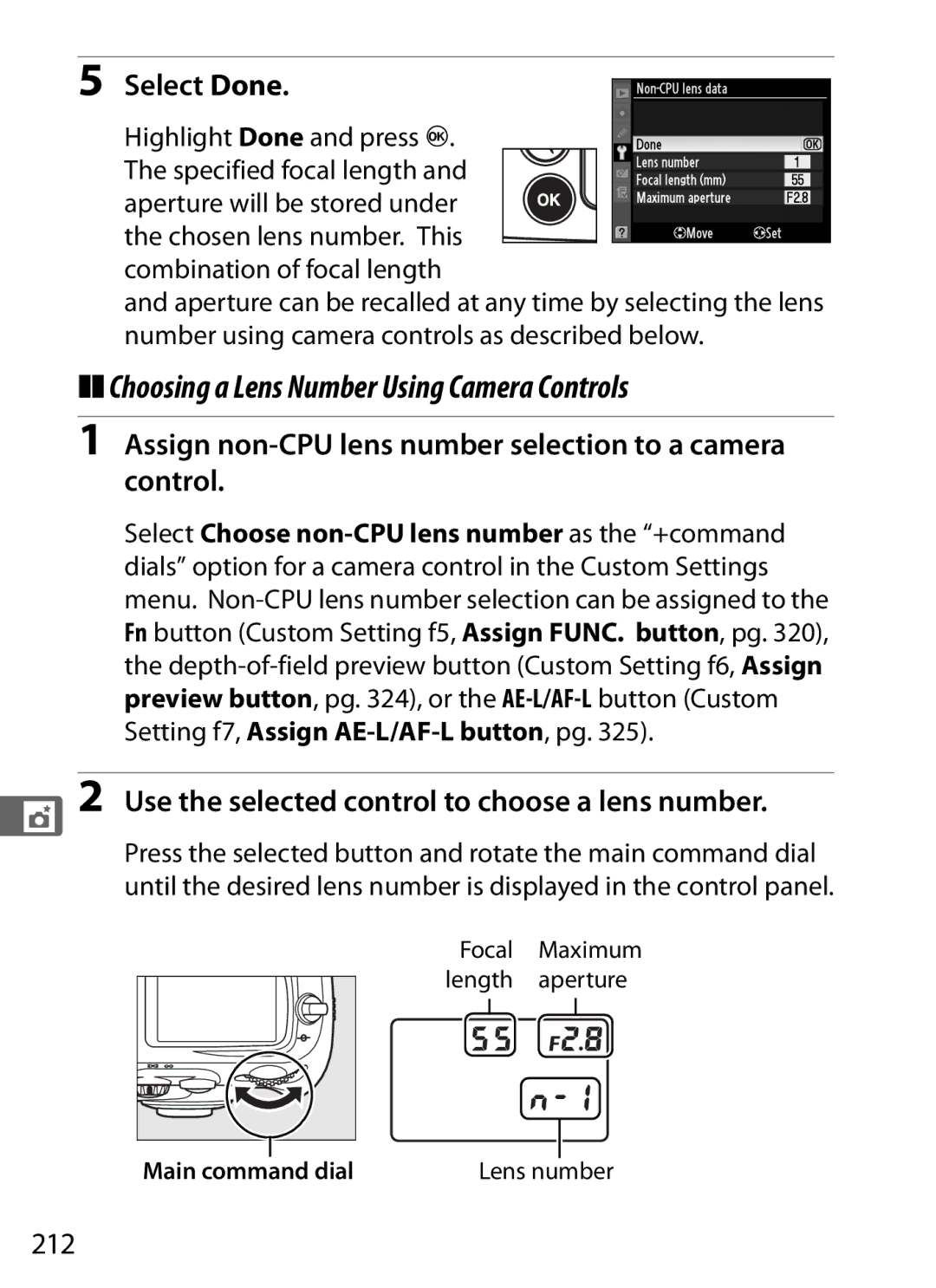 Nikon D700 Choosing a Lens Number Using Camera Controls, Assign non-CPU lens number selection to a camera control, 212 