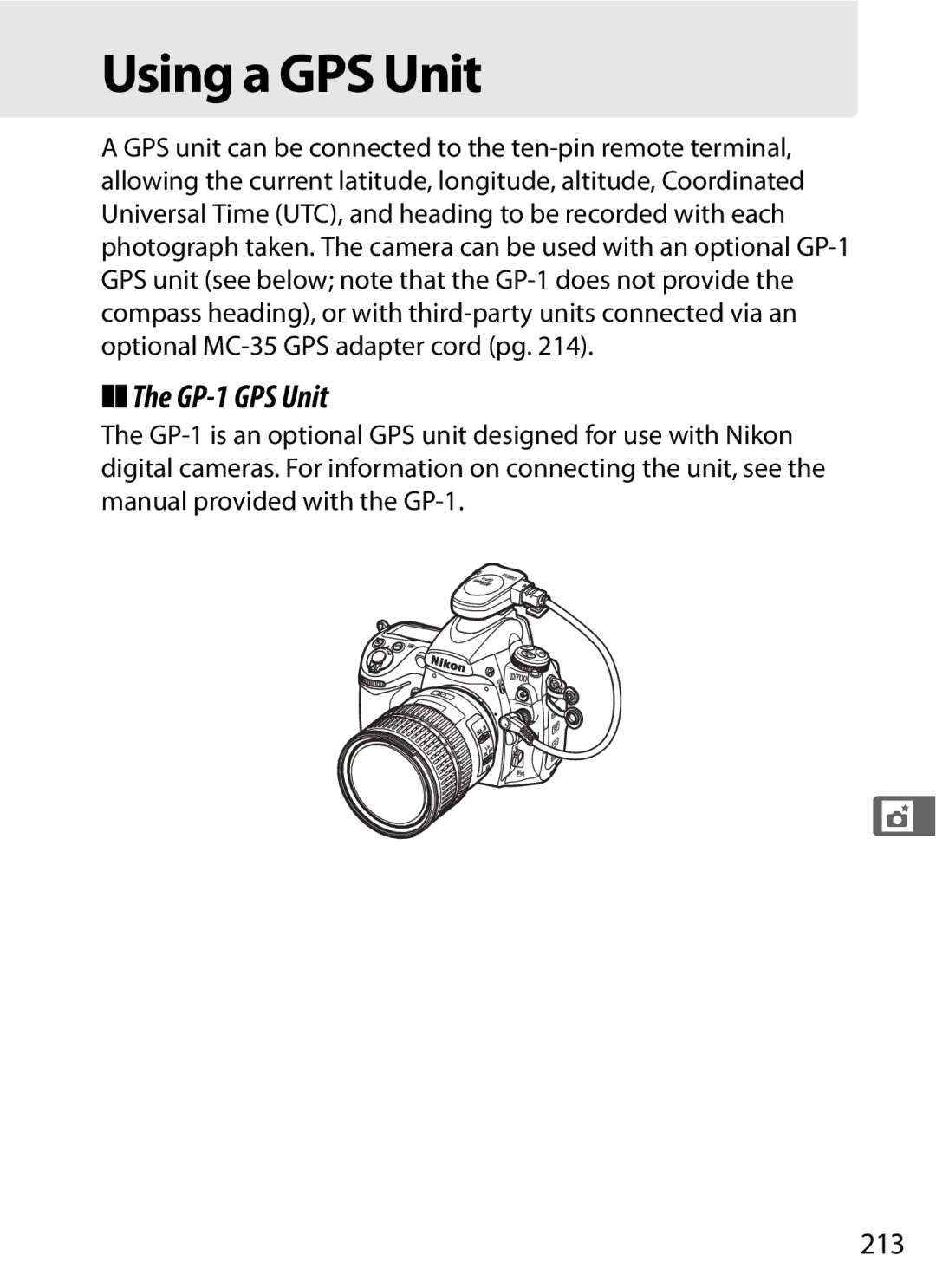 Nikon D700 manual Using a GPS Unit, GP-1 GPS Unit, 213 