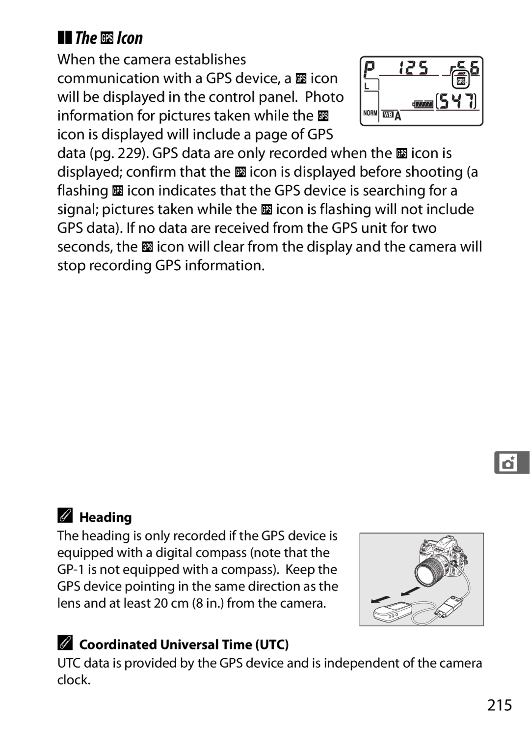 Nikon D700 manual KIcon, 215, Heading, Coordinated Universal Time UTC 