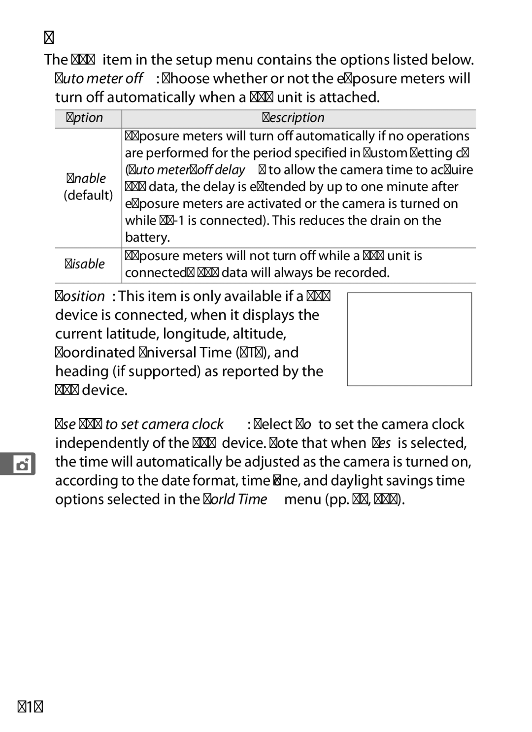 Nikon D700 manual Setup Menu Options, 216, Battery, Exposure meters will not turn off while a GPS unit is 