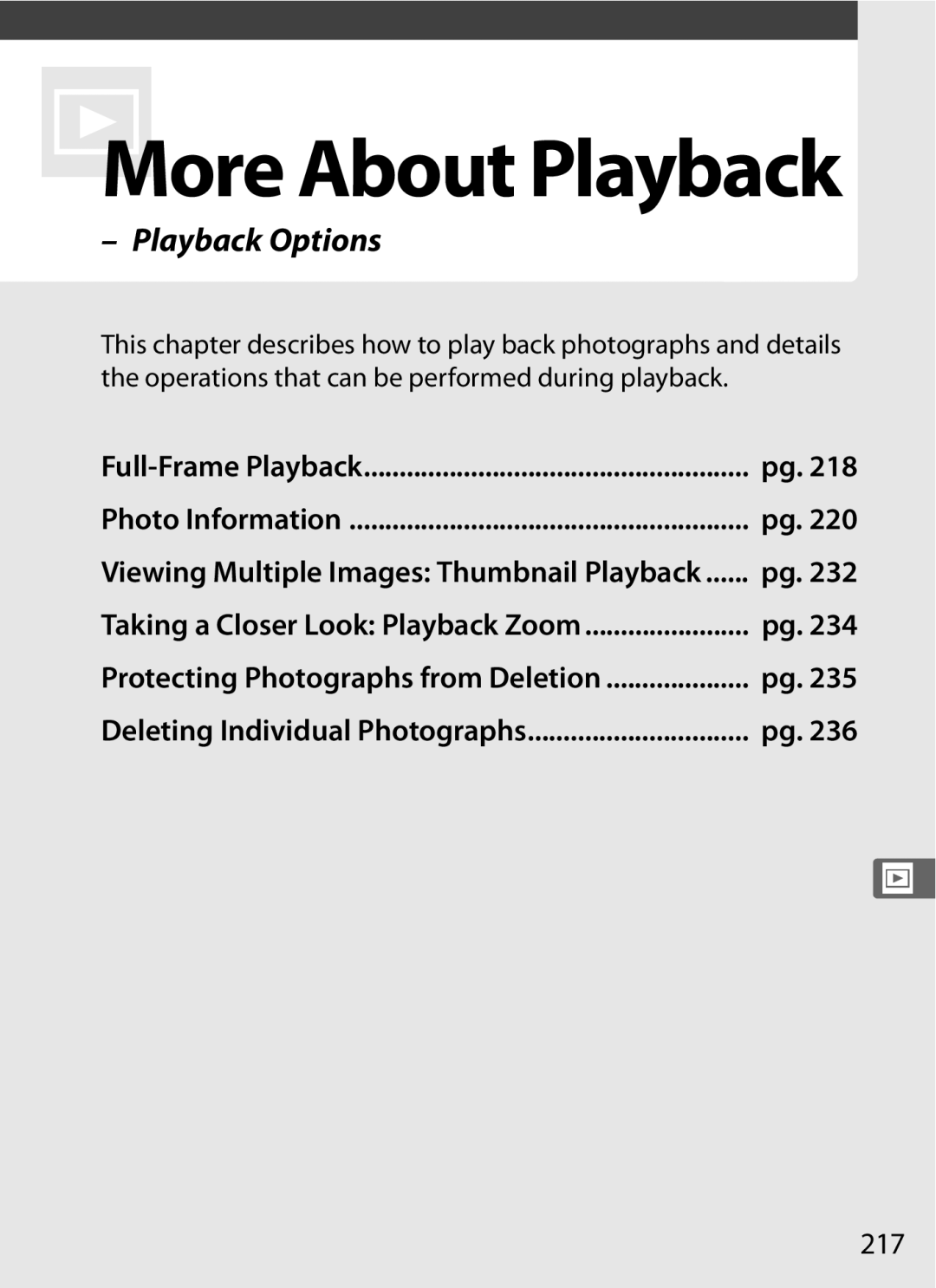 Nikon D700 manual Playback Options, 217 