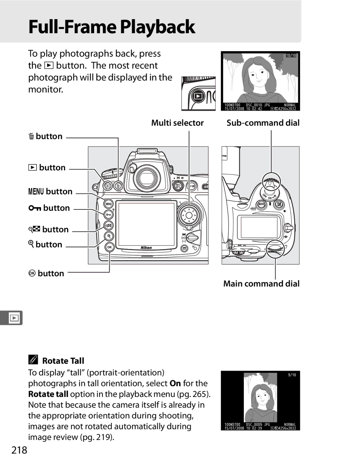 Nikon D700 manual Full-Frame Playback, 218, To display tall portrait-orientation 