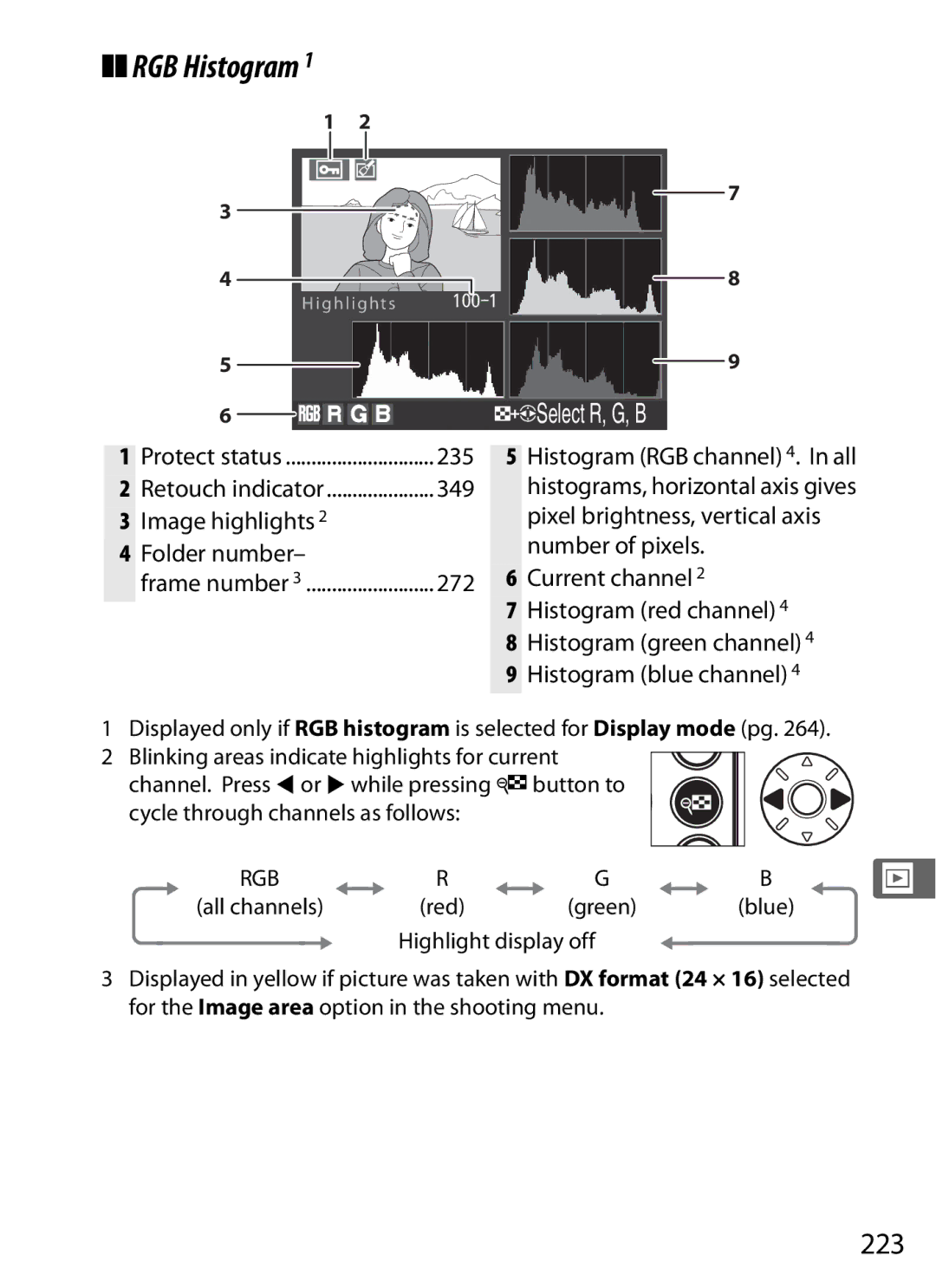 Nikon D700 manual RGB Histogram, 223, Image highlights Folder number, 235, 349 