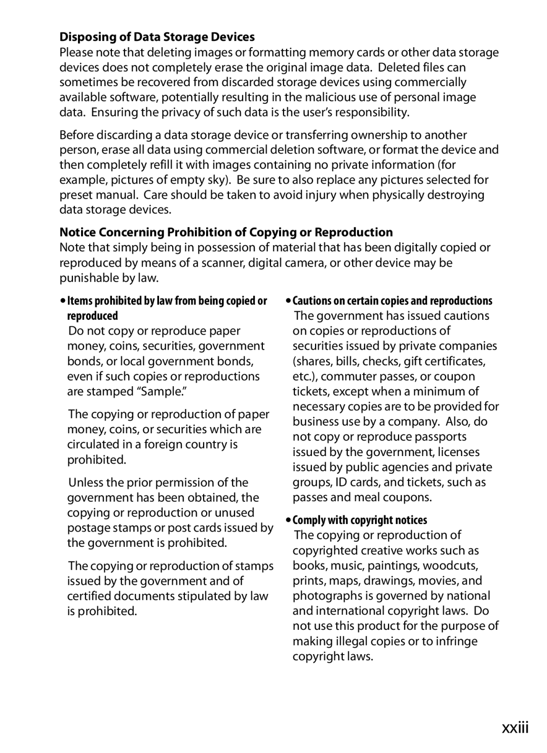 Nikon D700 manual Xxiii, Disposing of Data Storage Devices, Items prohibited by law from being copied or reproduced 