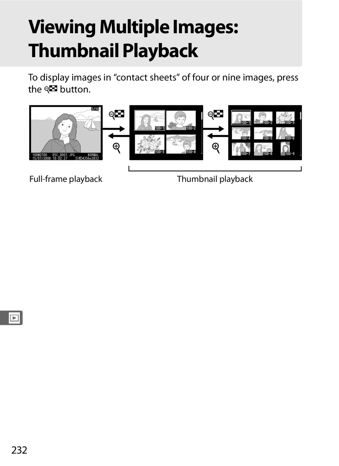 Nikon D700 manual Viewing Multiple Images Thumbnail Playback, 232, Full-frame playback 