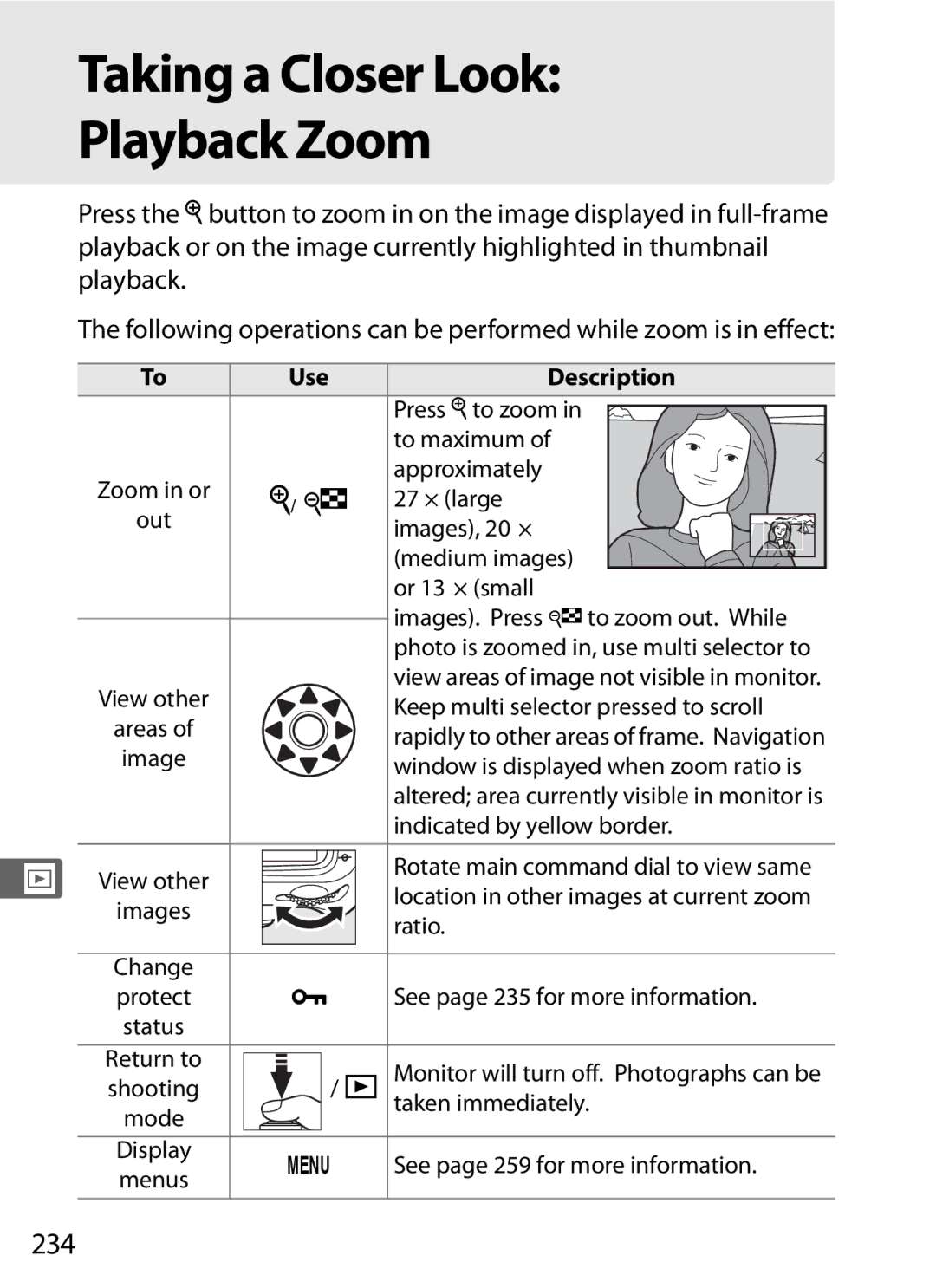 Nikon D700 manual Taking a Closer Look Playback Zoom, 234 