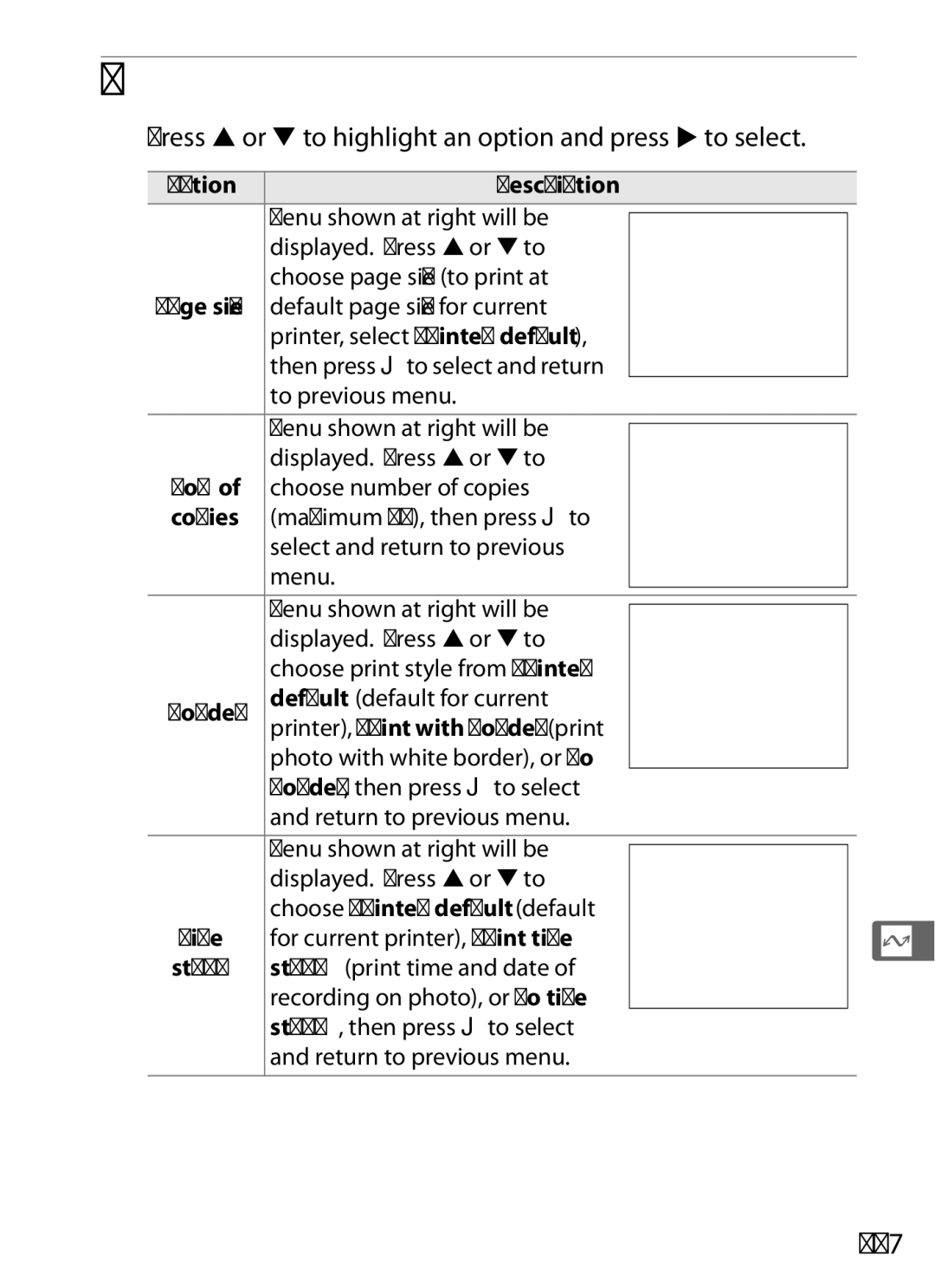 Nikon D700 manual Adjust printing options, 247, Press 1 or 3 to highlight an option and press 2 to select 