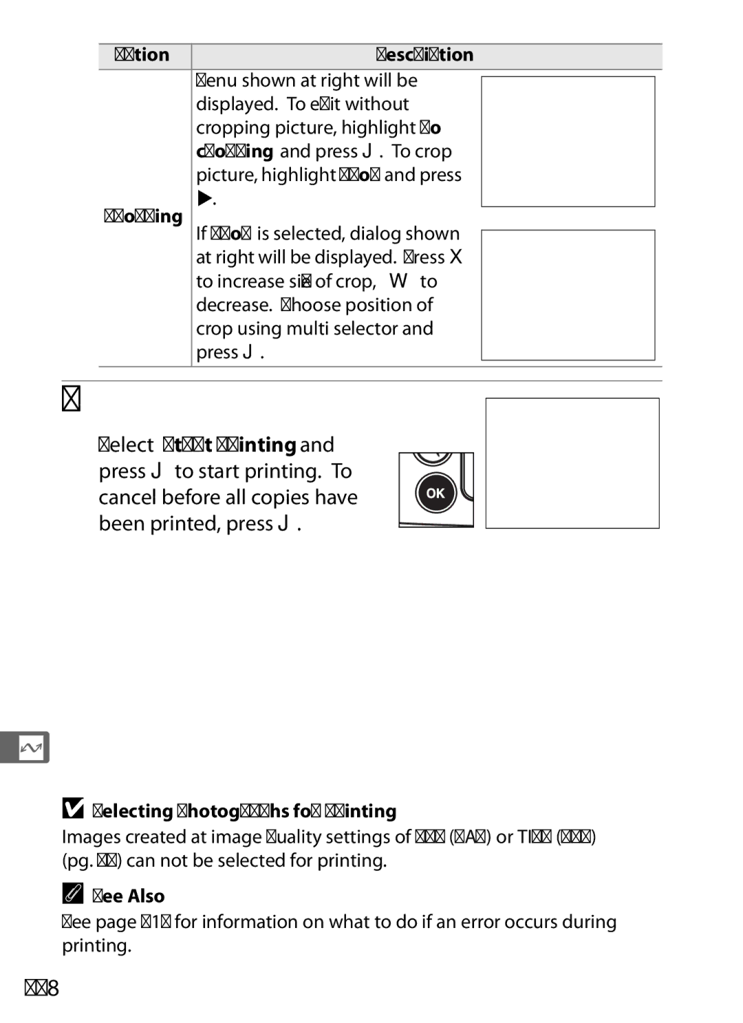 Nikon D700 manual Start printing, 248, Picture, highlight Crop and press Cropping, Selecting Photographs for Printing 