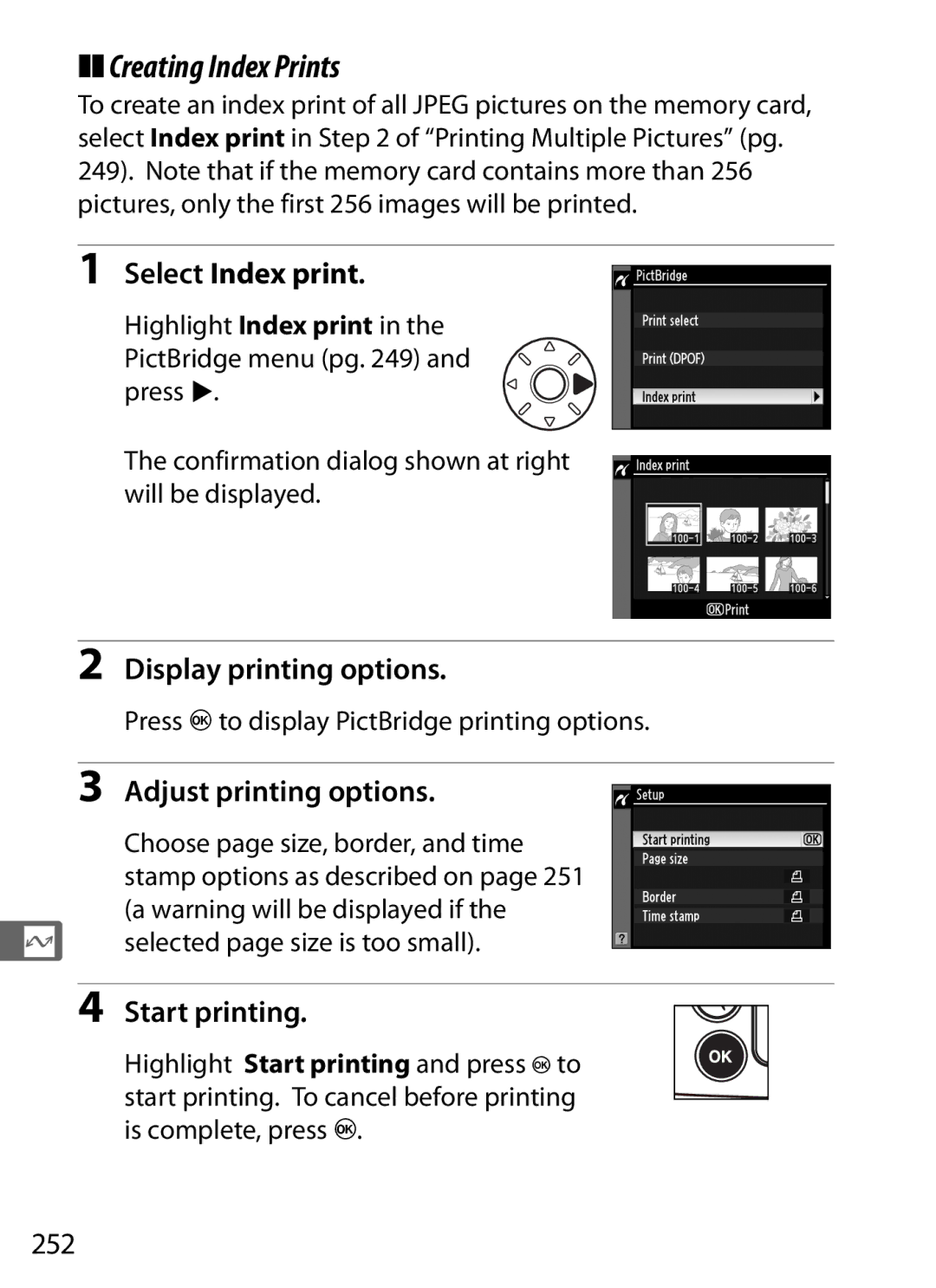 Nikon D700 manual Creating Index Prints, Select Index print, 252 