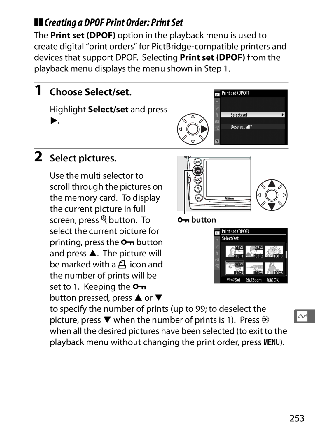 Nikon D700 manual Creating a Dpof Print Order Print Set, Choose Select/set, 253 