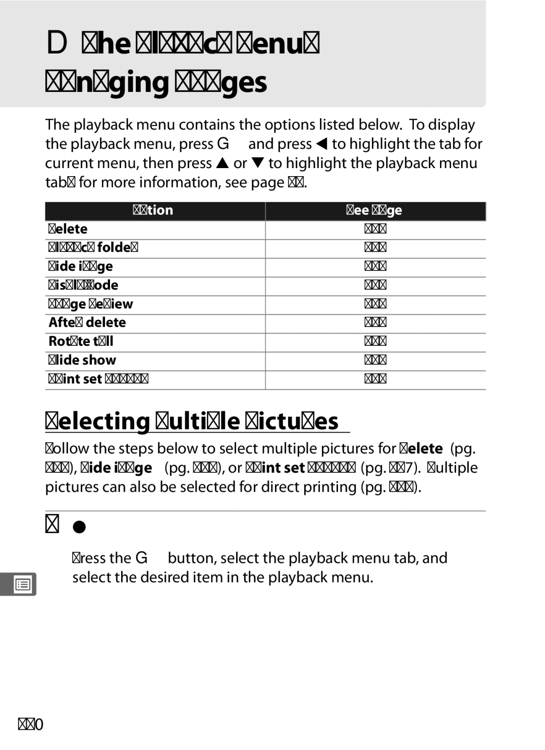 Nikon D700 manual DThe Playback Menu Managing Images, Selecting Multiple Pictures, Display the menu, 260 