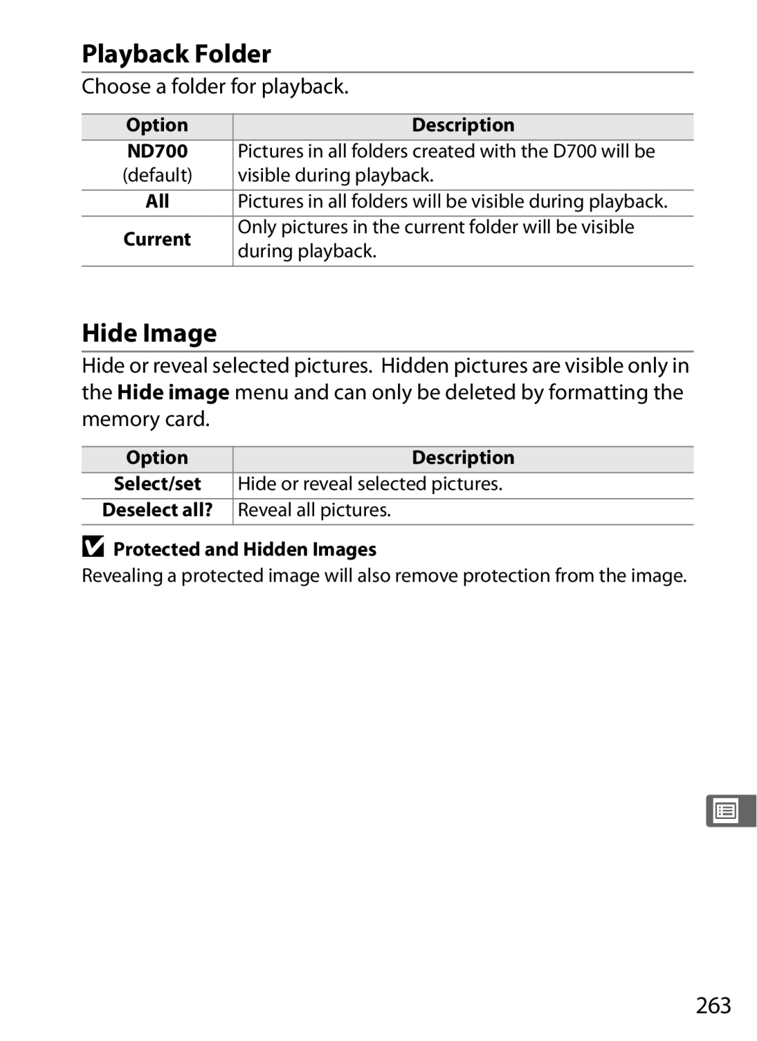 Nikon D700 manual Playback Folder, Hide Image, 263, Choose a folder for playback, Memory card 