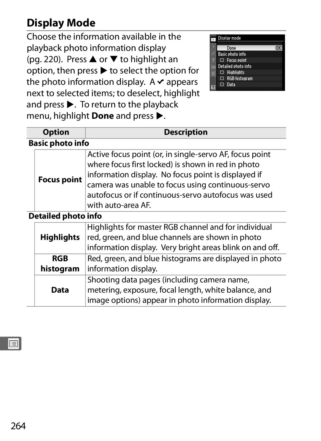 Nikon D700 manual Display Mode, 264, OptionDescription Basic photo info, Info, Highlights 