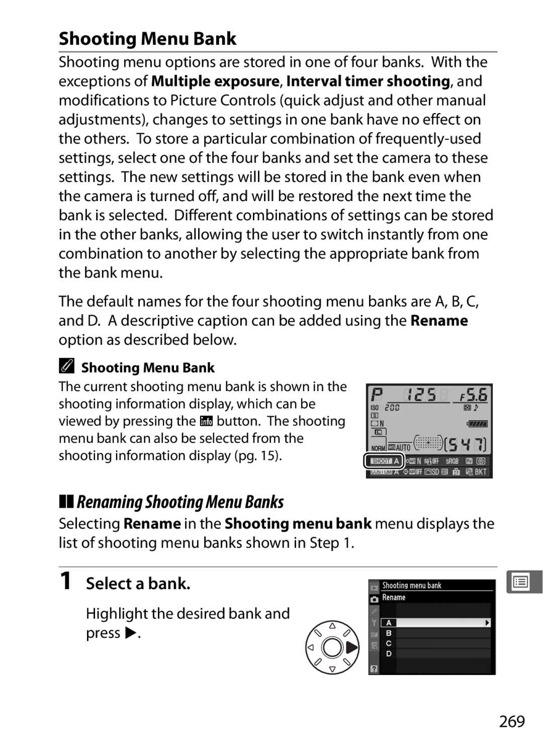 Nikon D700 manual Renaming Shooting Menu Banks, Select a bank, 269 