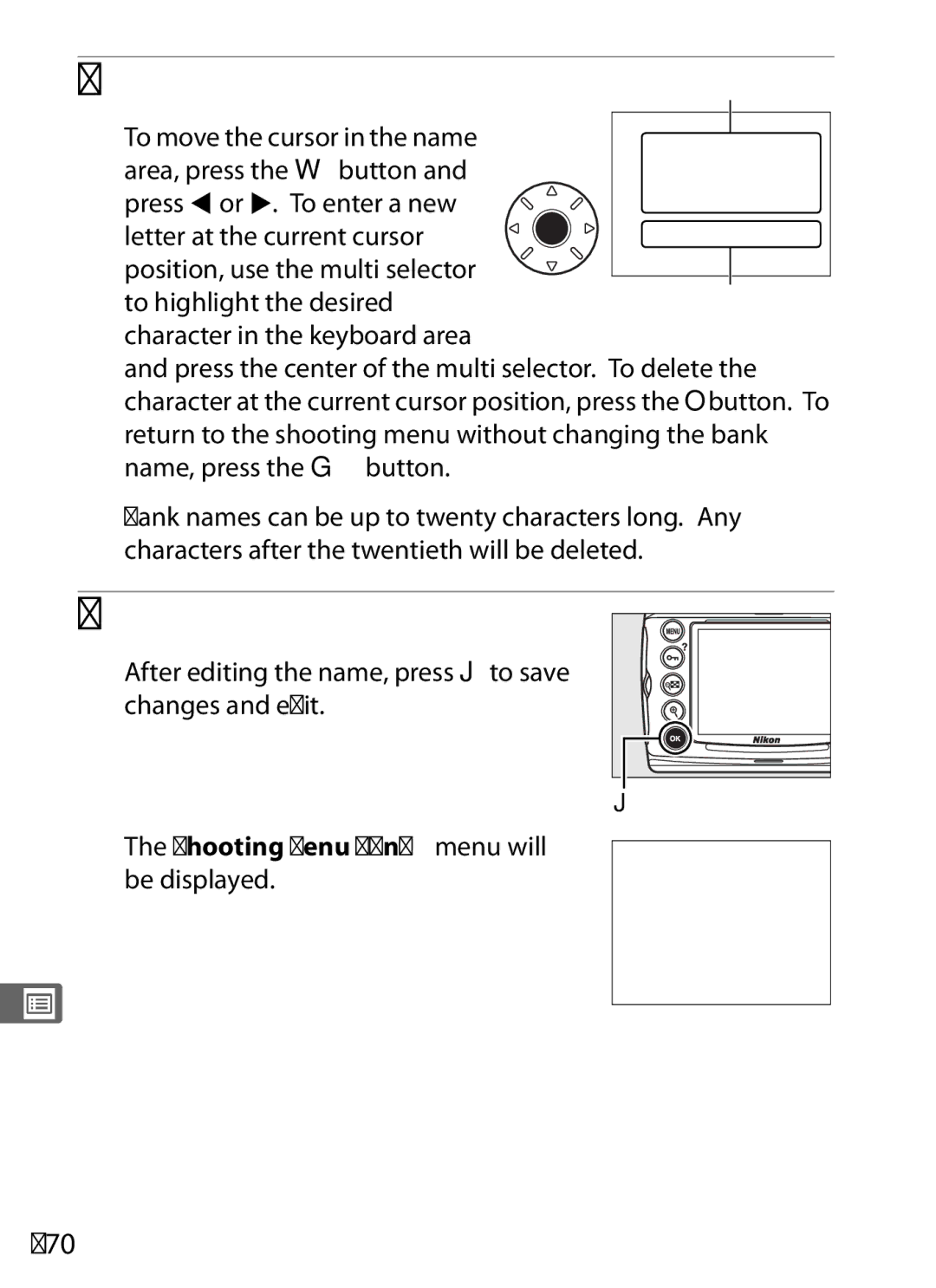 Nikon D700 manual Enter a name, Save changes and exit, 270, After editing the name, press Jto save changes and exit 