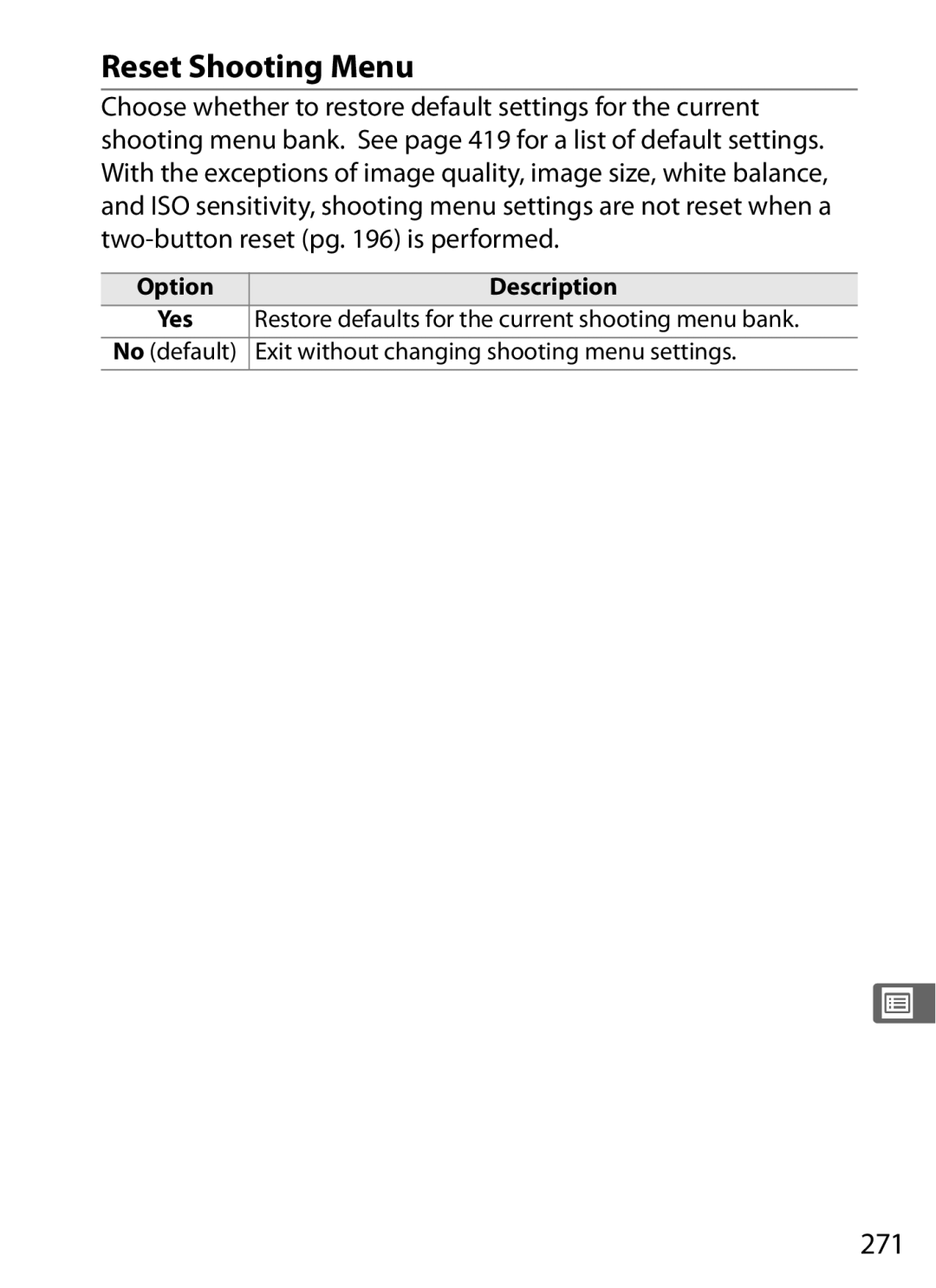 Nikon D700 manual Reset Shooting Menu, 271, Restore defaults for the current shooting menu bank, No default 