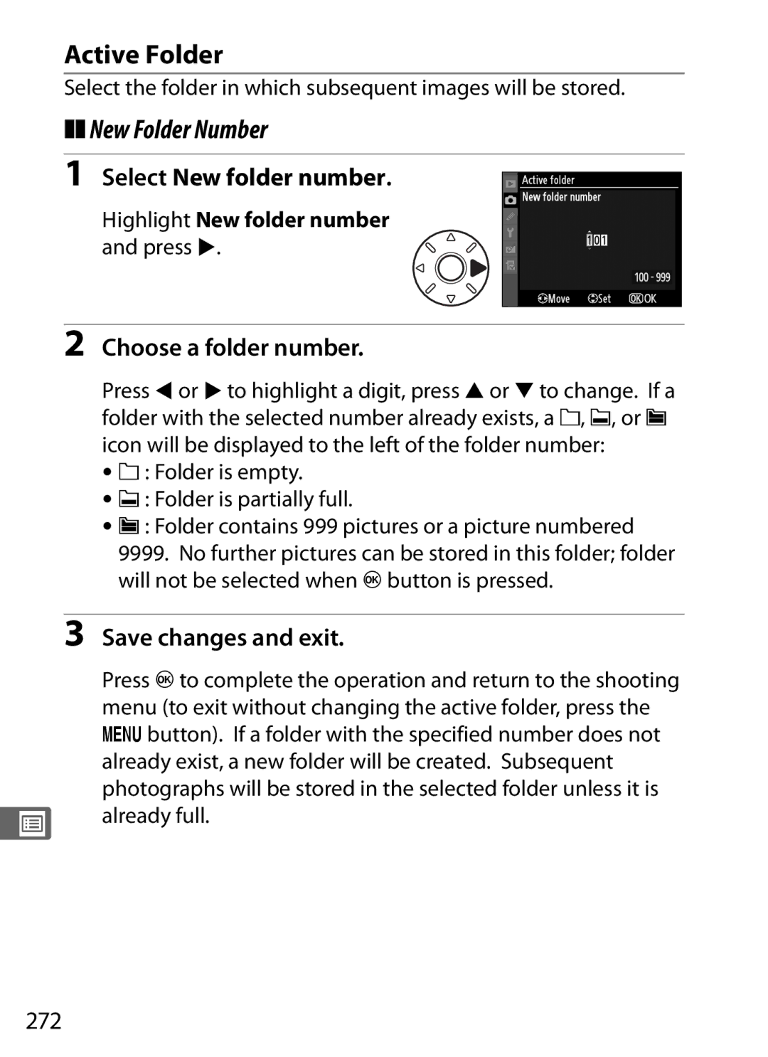 Nikon D700 manual Active Folder, New Folder Number, Select New folder number, Choose a folder number, 272 