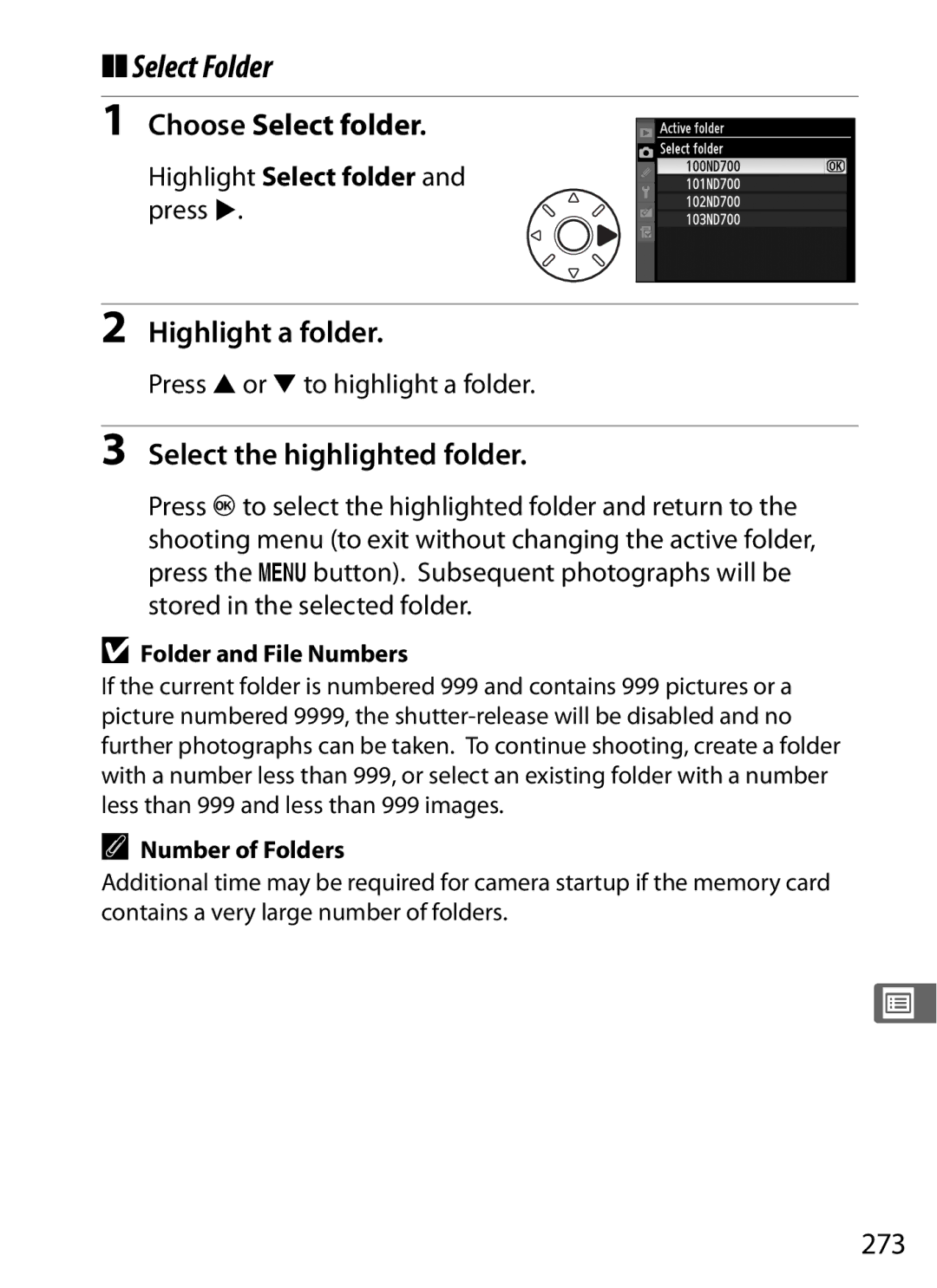 Nikon D700 manual Select Folder, Choose Select folder, Highlight a folder, Select the highlighted folder, 273 