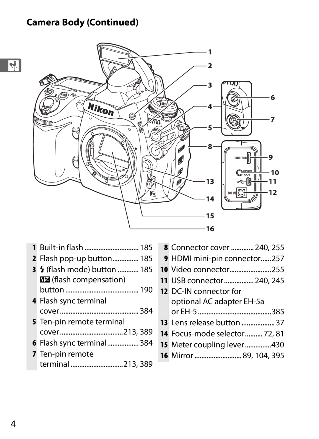 Nikon D700 manual Yflash compensation, Flash sync terminal, Ten-pin remote terminal, 384, 385, 430 