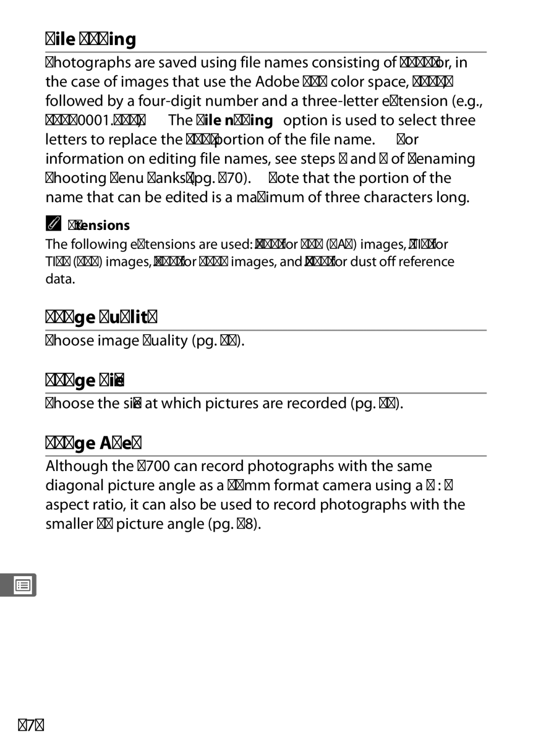 Nikon D700 manual File Naming, Image Quality, Image Size, Image Area, 274 