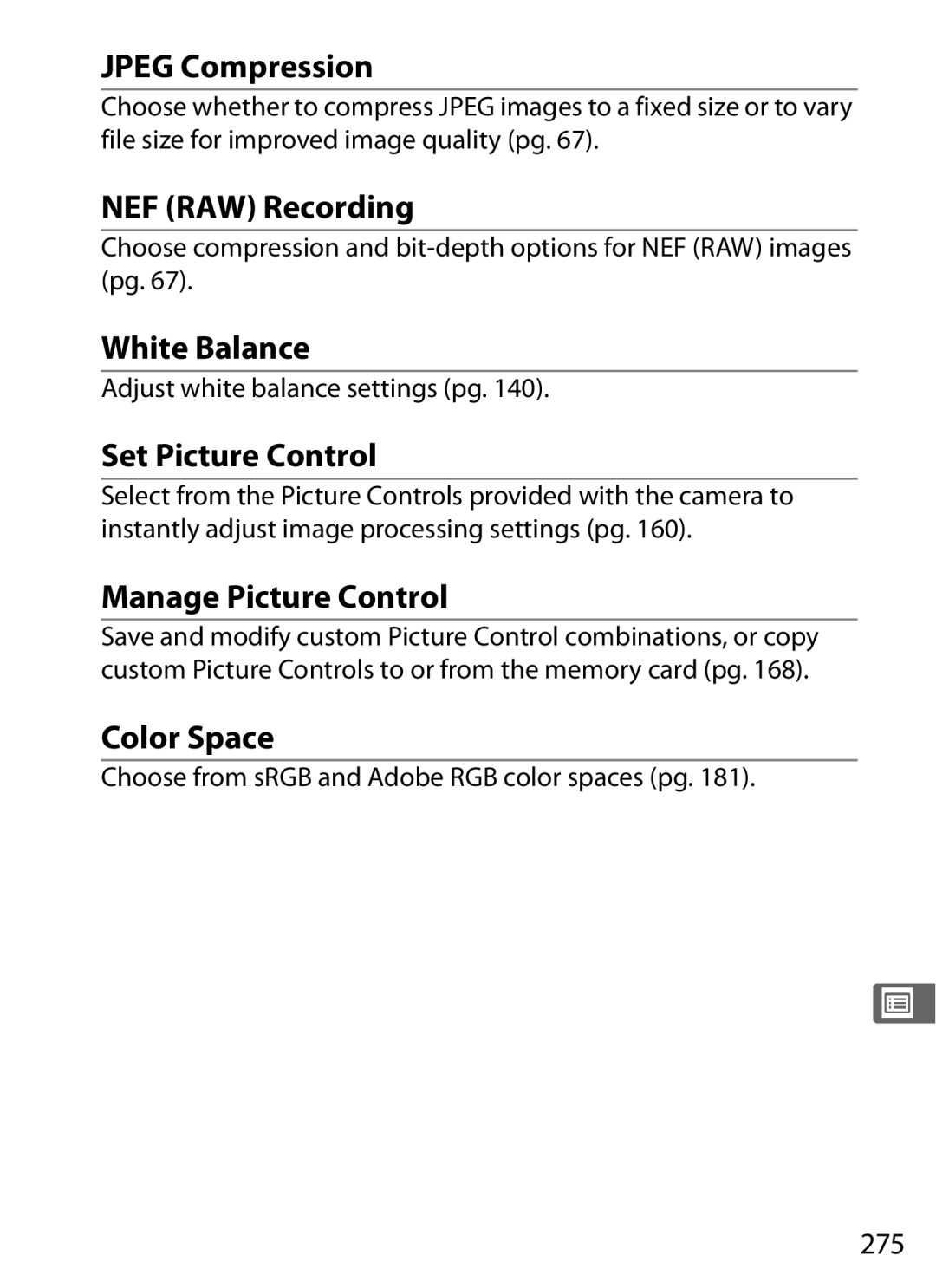 Nikon D700 manual Jpeg Compression, NEF RAW Recording, Set Picture Control, Manage Picture Control, Color Space 