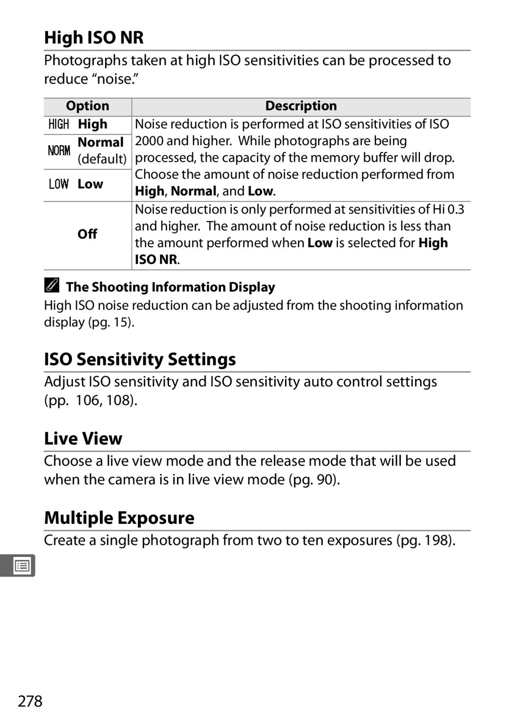 Nikon D700 manual High ISO NR, ISO Sensitivity Settings, Live View, Multiple Exposure, 278 