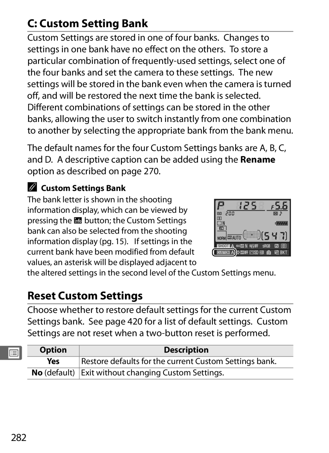 Nikon D700 manual Custom Setting Bank, Reset Custom Settings, 282, Option as described on, Custom Settings Bank 