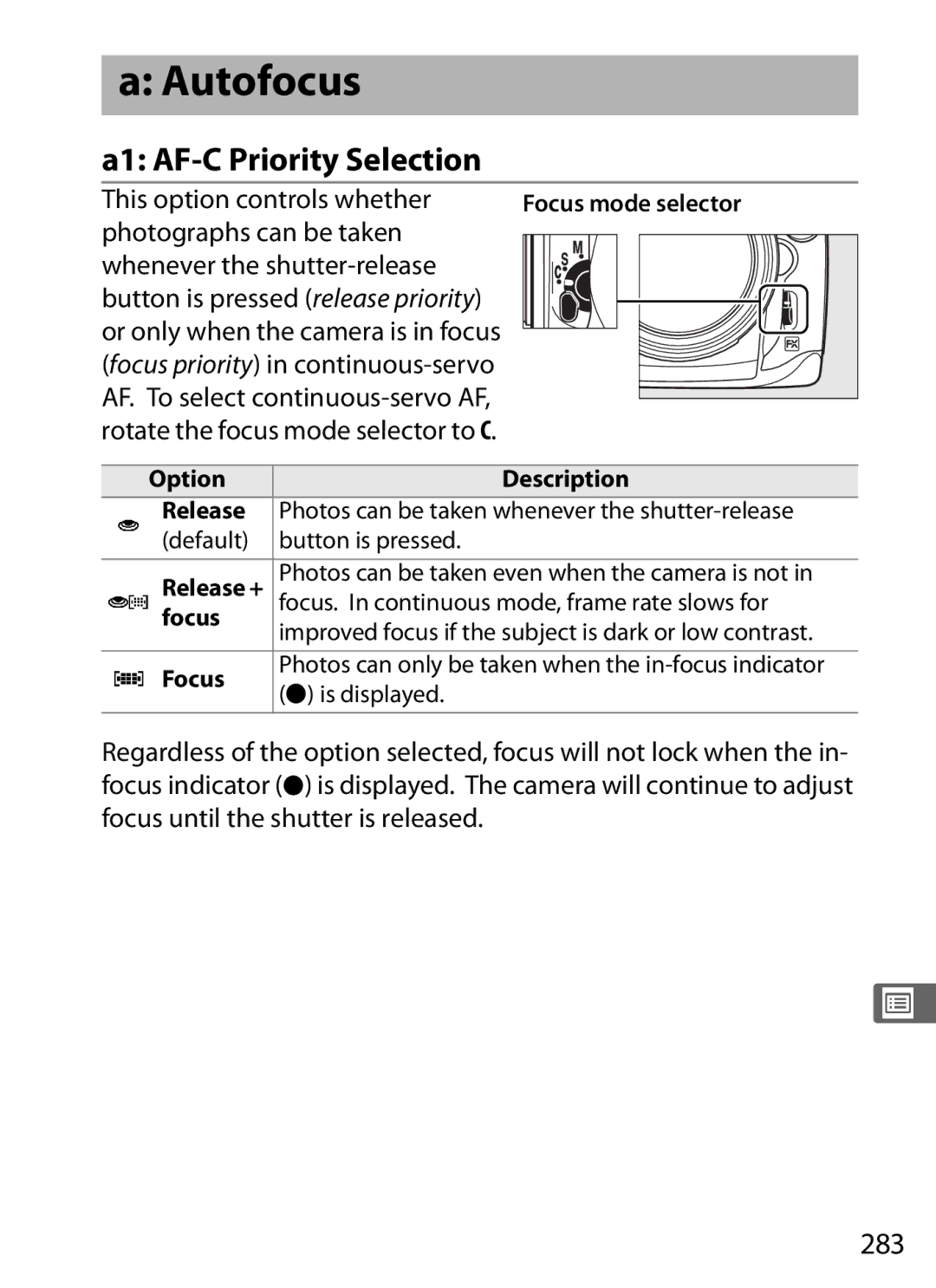 Nikon D700 manual Autofocus, A1 AF-C Priority Selection, 283, This option controls whether, Release + 